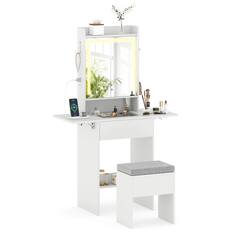 Front. Costway - Costway Vanity Desk with Mirror & Lights, Stool, 2 Drop Leaf Tables, Charging Station - White.