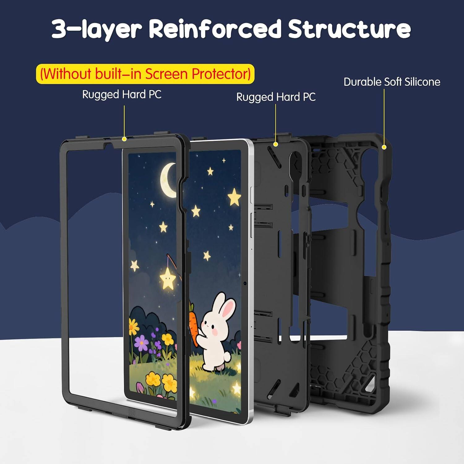 3-layer Reinforced Structure (Without built-in Screen Protector)  
Rugged Hard PC  
Rugged Hard PC  
Durable Soft Silicone