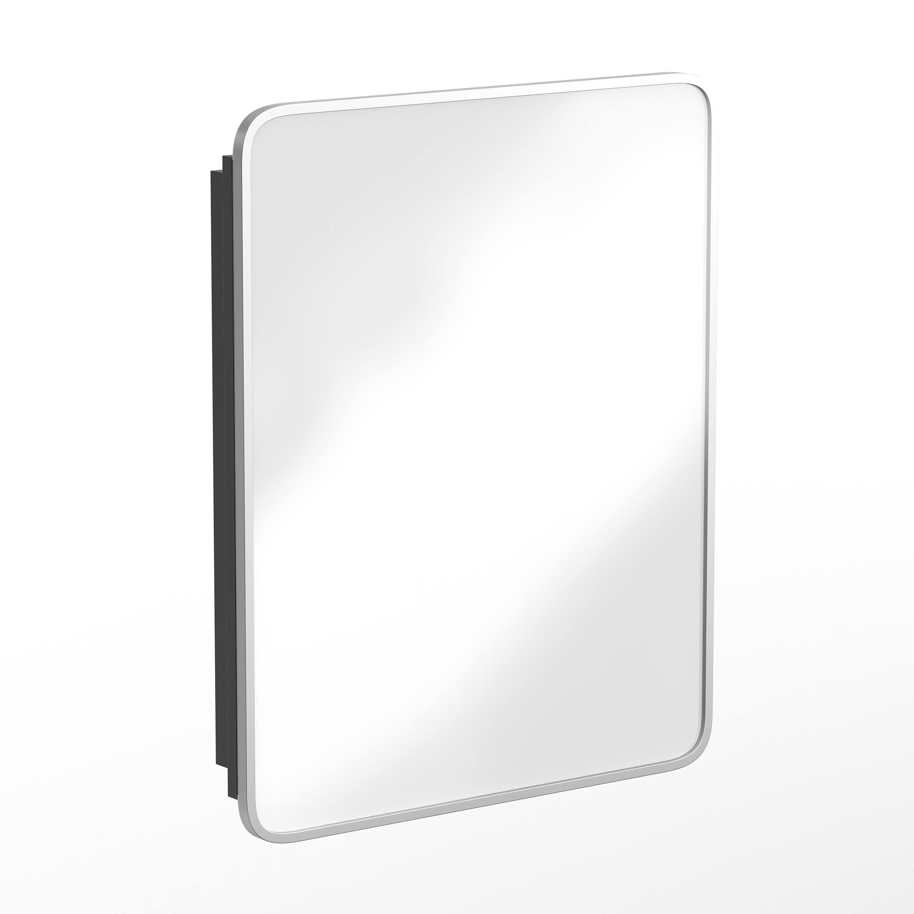 Alt View 1. Emma + Oliver - Jackie Metal Framed Bathroom Medicine Cabinet with Reversible, Recessed Design and Beveled Rounded Mirror - Silver.