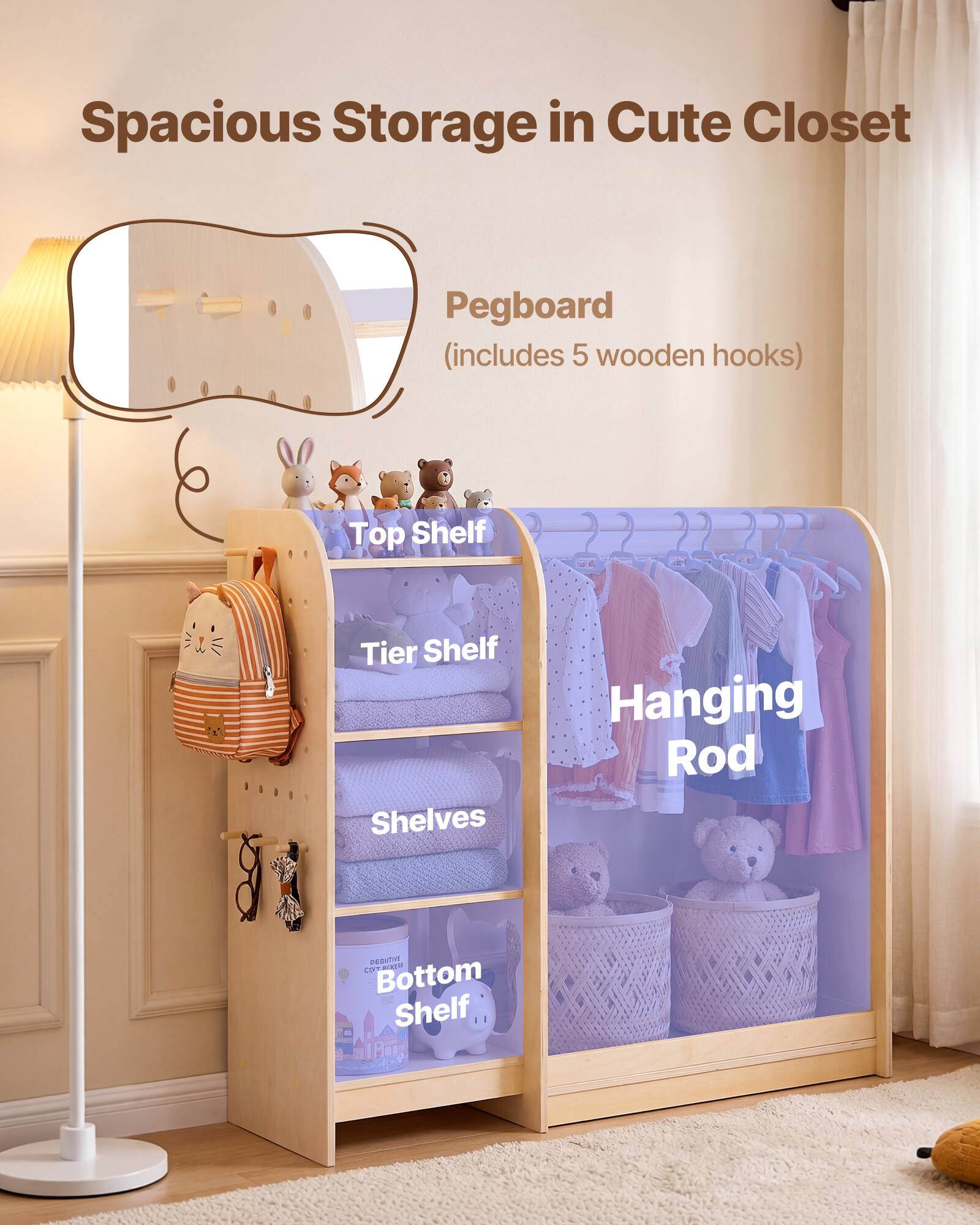 Spacious Storage in Cute Closet Pegboard (includes 5 wooden hooks) Top Shelf Tier Shelf Shelves Hanging Rod Bottom Shelf