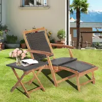 Costway 2PCS Patio Rattan Folding Lounge Chair Table Acacia Wood W/Retractable Footrest - Mix Brown,Natural - Front_Zoom