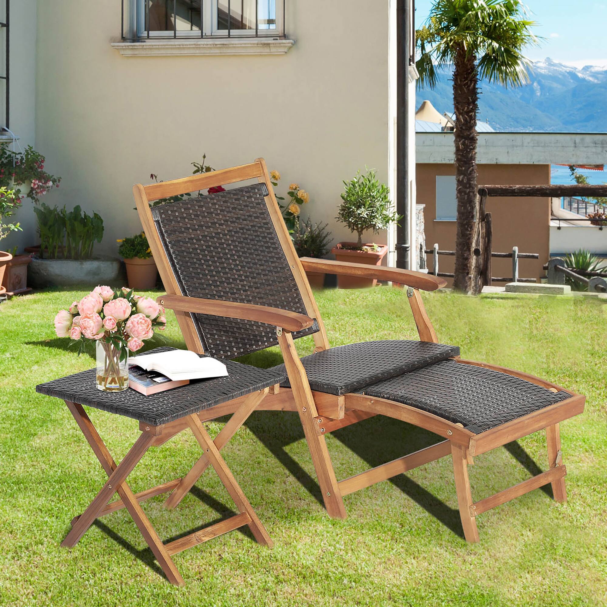 Alt View 1. Costway - 2PCS Patio Rattan Folding Lounge Chair Table Acacia Wood W/Retractable Footrest - Mix Brown,Natural.