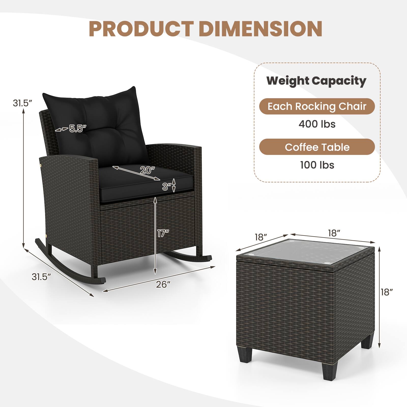 PRODUCT DIMENSION
Weight Capacity
Each Rocking Chair 400 lbs
Coffee Table 100 lbs
31.5" 5.5" 20" 17" 18" 18" 31.5" 26" 18"