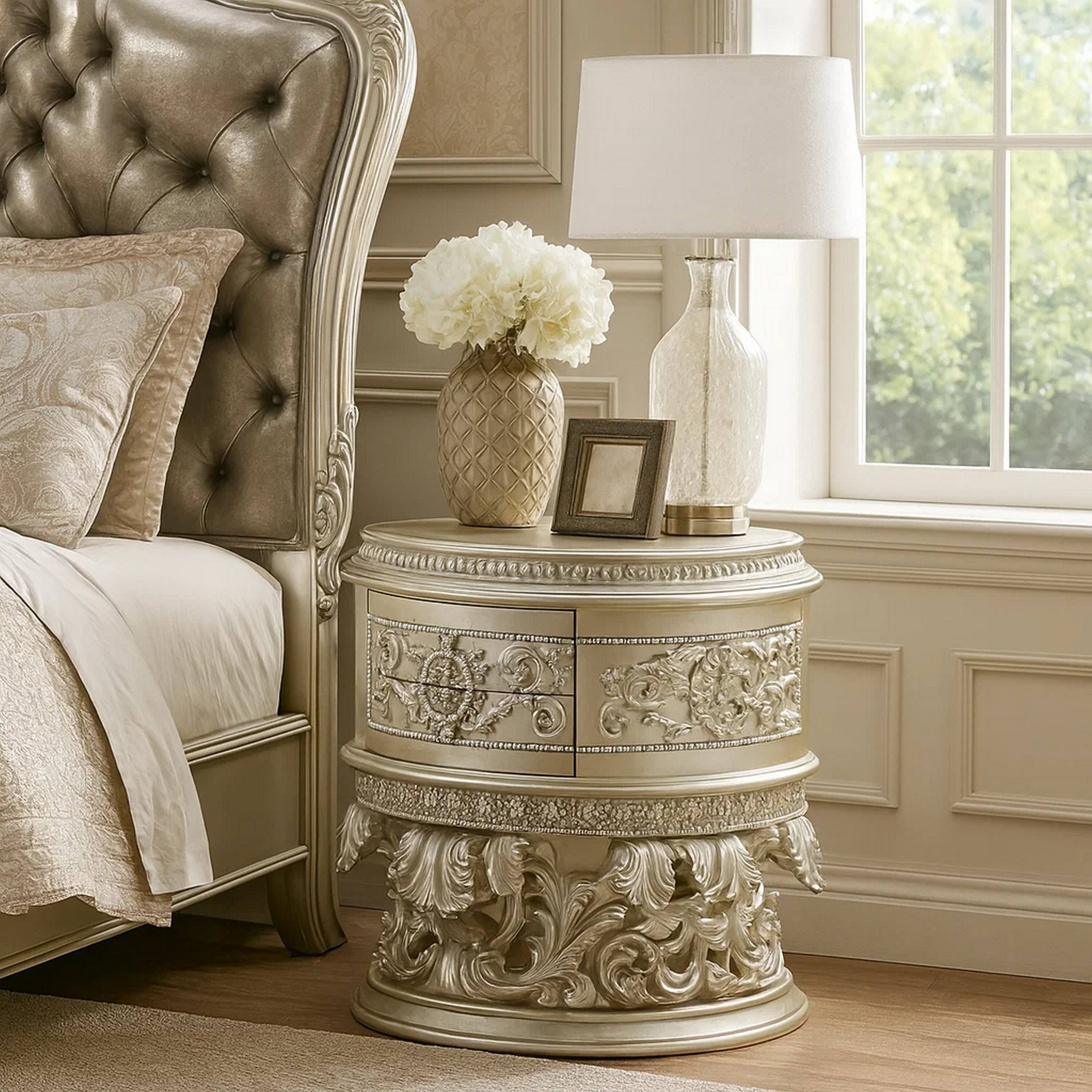 Alt View 6. Manhattan Lane - Nightstand with Scrolled Carvings and Half Moon Shape - Silver.