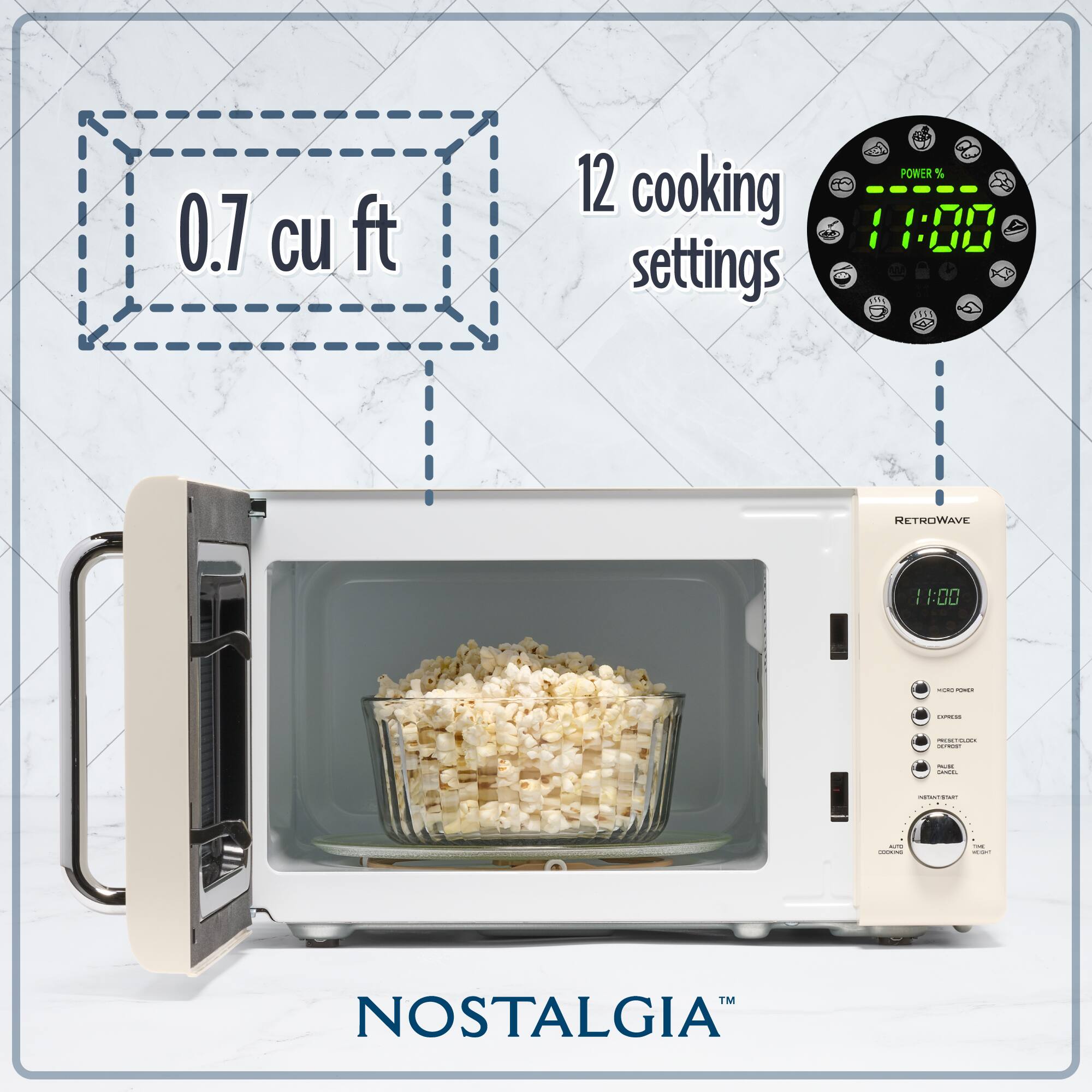 0.7 cu ft  
12 cooking settings  
NOSTALGIA™