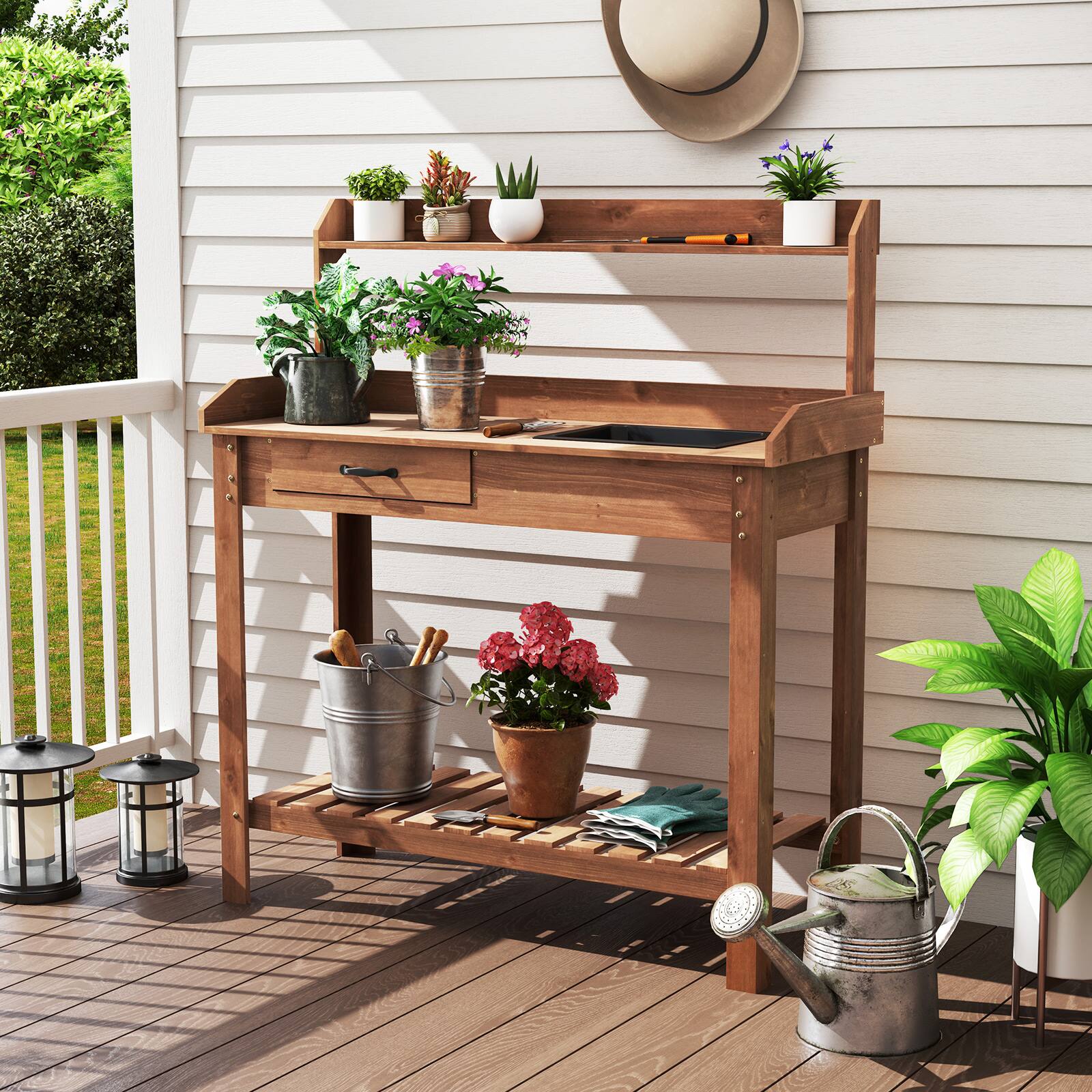 Alt View 4. Gymax - Gymax Potting Bench Outdoor Wooden Garden Table Work Station Solid Gardening Table - Coffee.