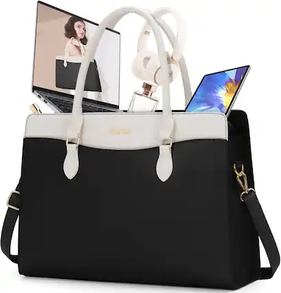 Front. Vulpecula Spade - Laptop Bag for Women 15.6 Inch Waterproof PU Leather Work Tote Bags Large Laptop Purse - Black & White.