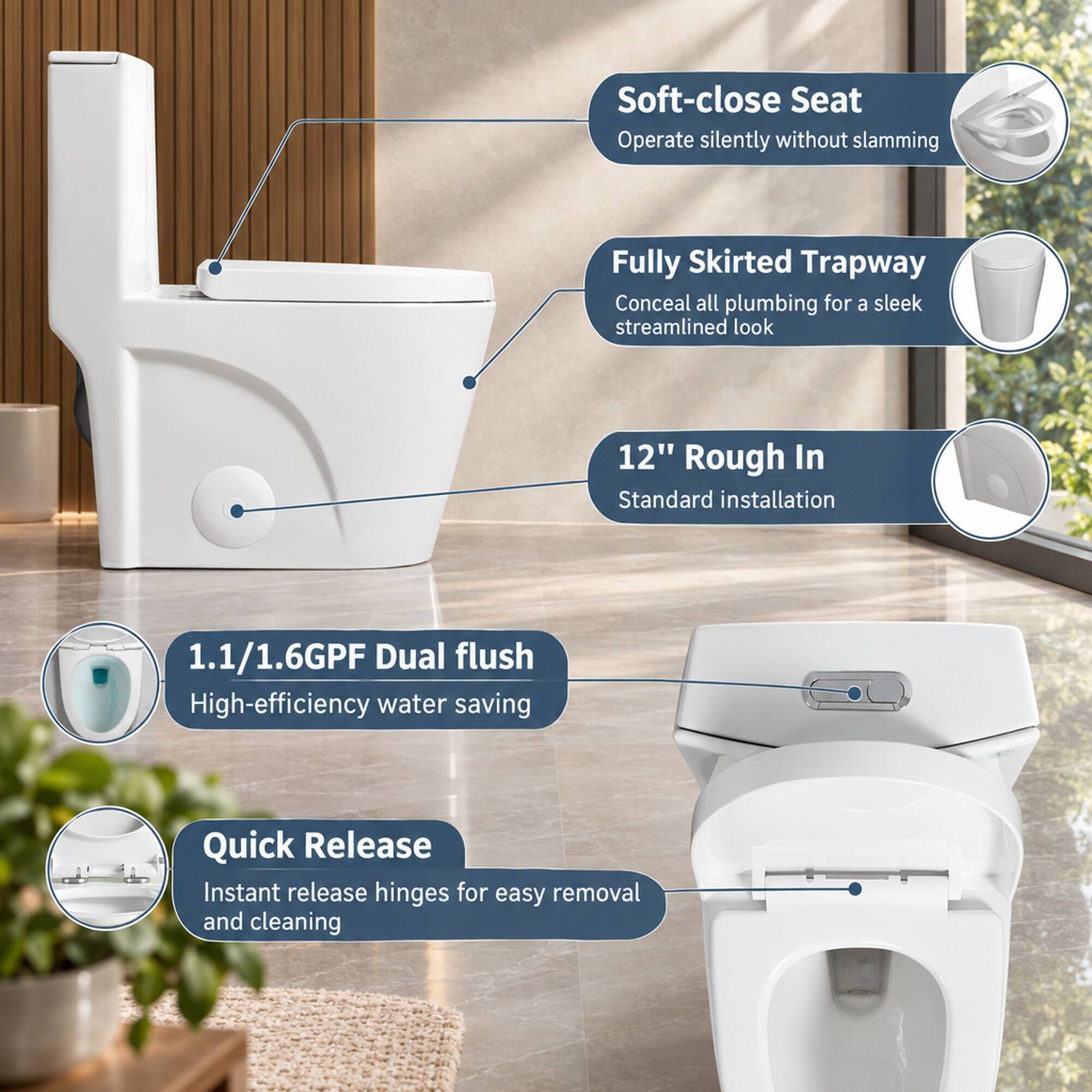 RYHNUYNE One Piece Toilet, Dual Flush Elongated Comfort Height Floor ...