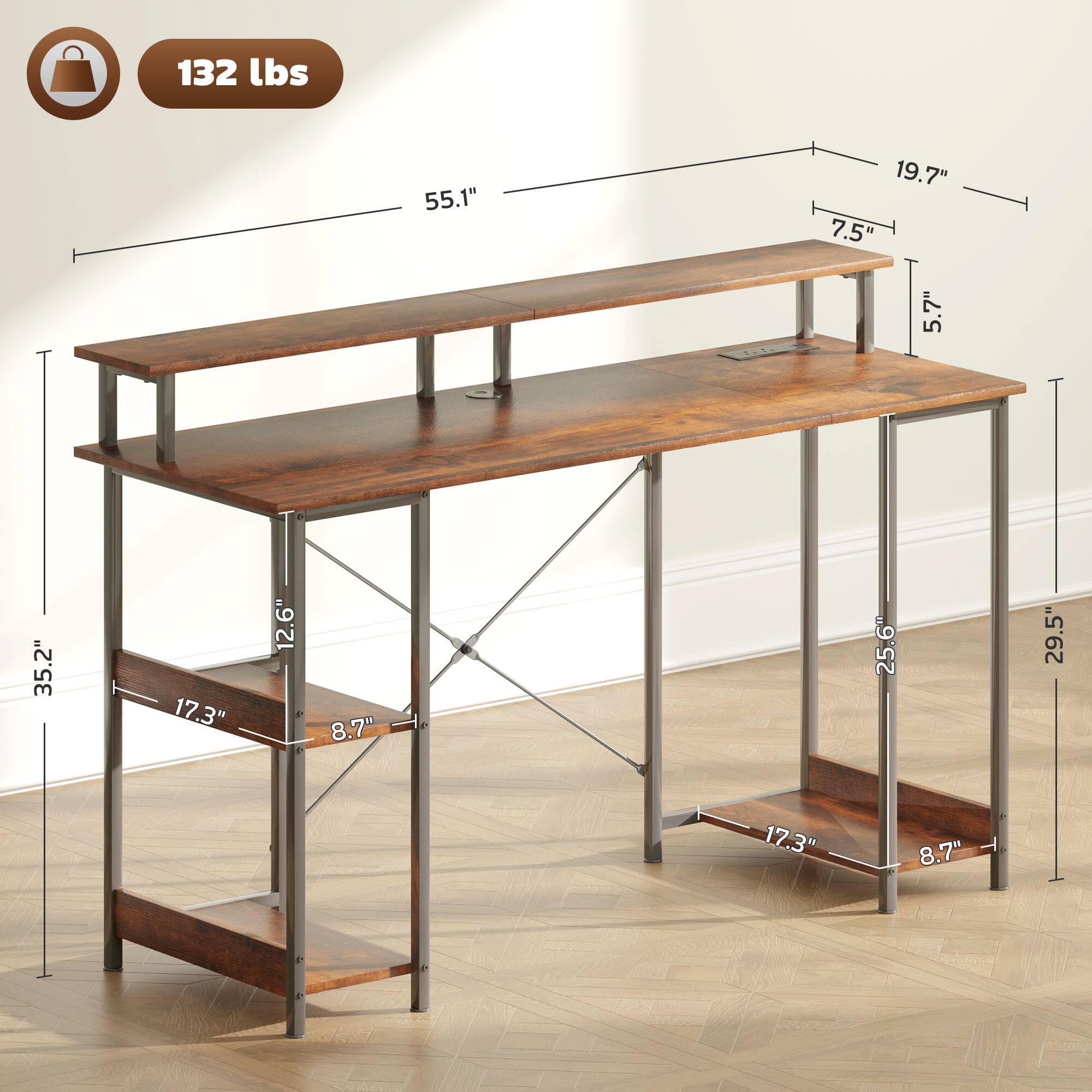132 lbs, 55.1", 19.7", 7.5", 5.7", 35.2", 17.3", 12.6", 8.7", 25.6", 29.5", 17.3", 8.7"