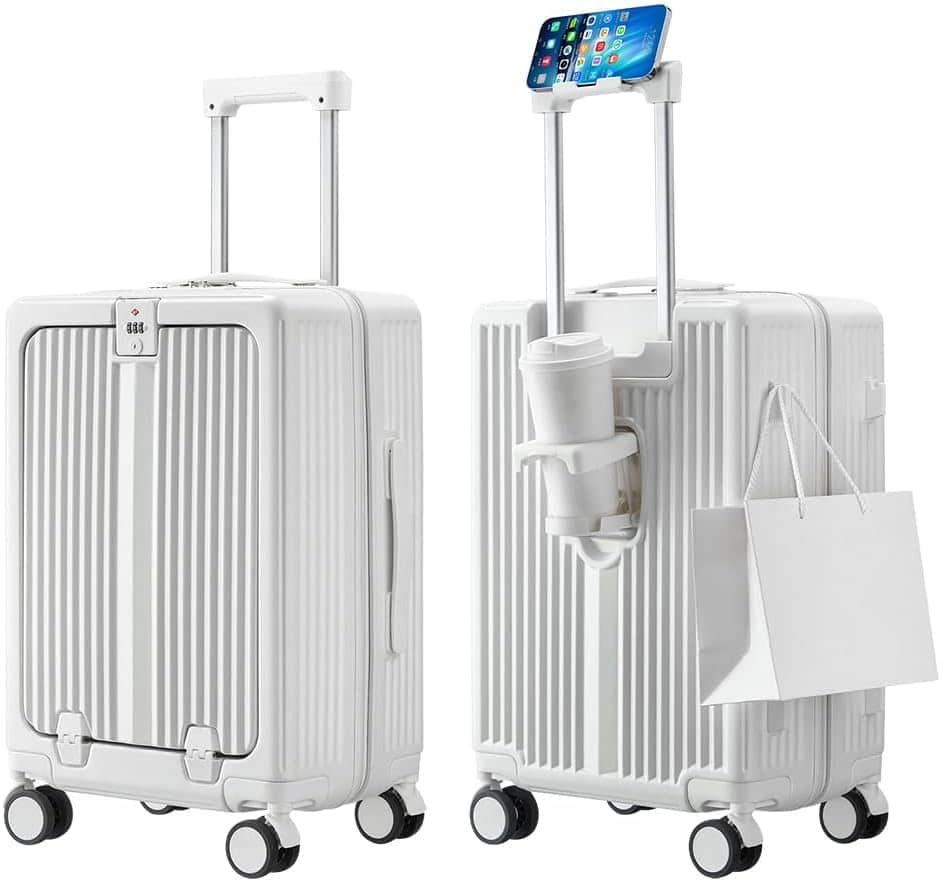 Quick Deer - 20-Inch Front Opening Carry On Luggage with USB & Type-C Ports, Cup Holder, Airline Approved - White price history on PriceWatchPro
