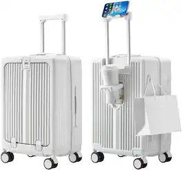 Quick Deer - 20-Inch Front Opening Carry On Luggage with USB & Type-C Ports, Cup Holder, Airline Approved - White