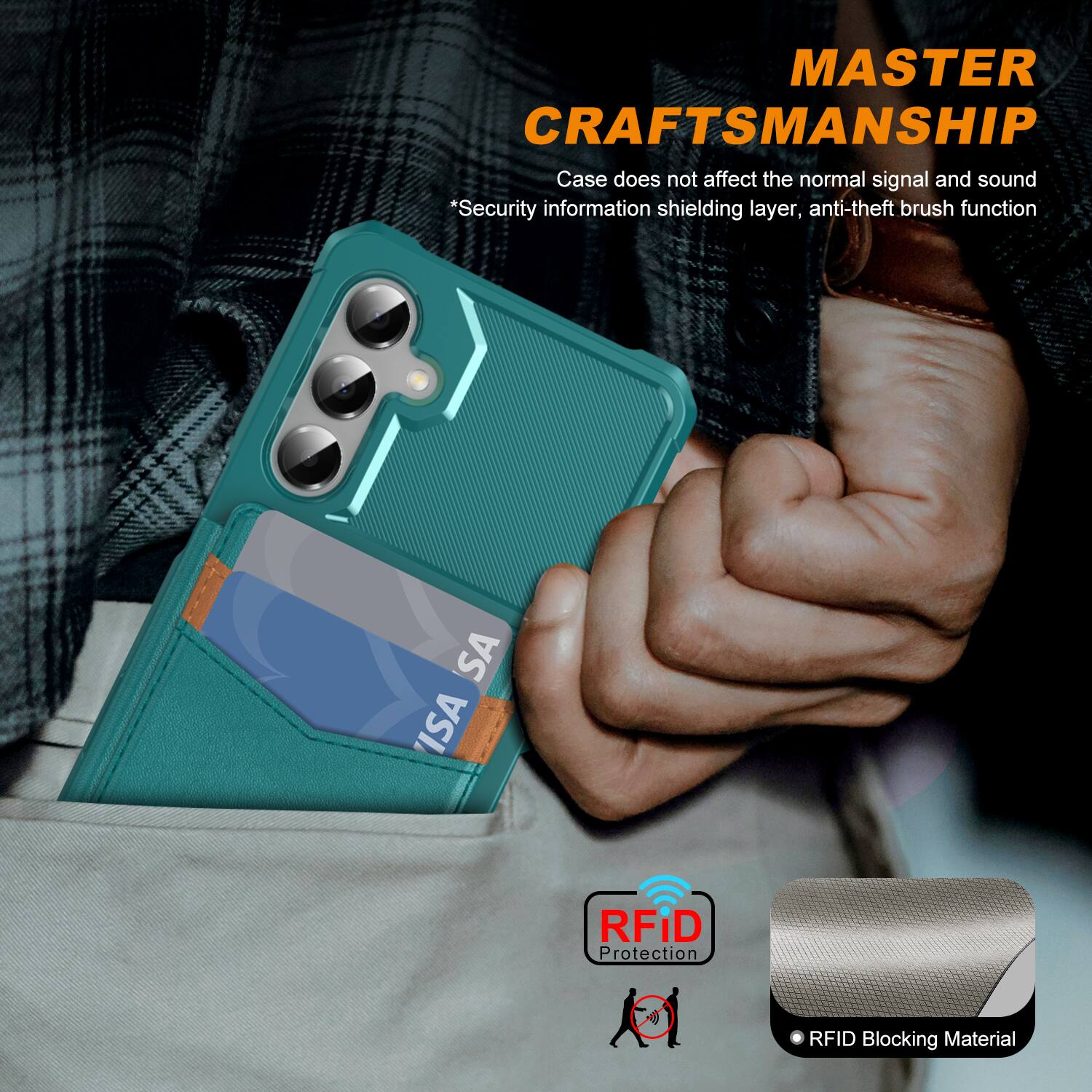 MASTER CRAFTSMANSHIP  
Case does not affect the normal signal and sound  
*Security information shielding layer, anti-theft brush function  

RFID Protection  
RFID Blocking Material