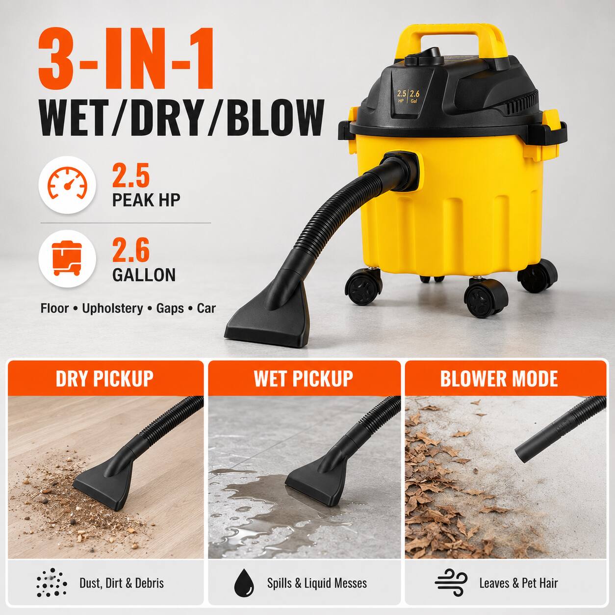 3-IN-1 WET/DRY/BLOW

2.5 PEAK HP

2.6 GALLON

Floor • Upholstery • Gaps • Car

DRY PICKUP
Dust, Dirt & Debris

WET PICKUP
Spills & Liquid Messes

BLOWER MODE
Leaves & Pet Hair