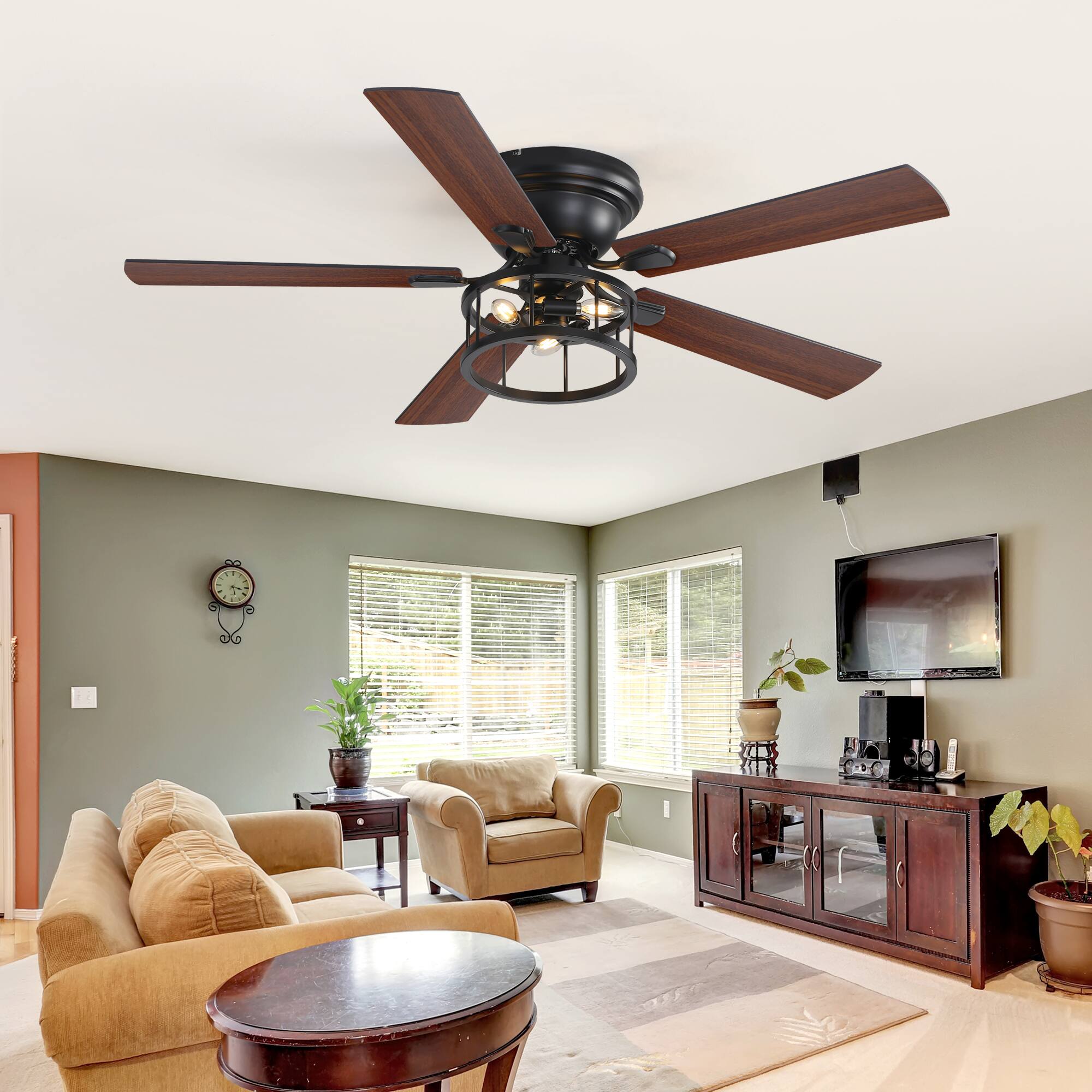 Back. Breezary - 52-In Indoor Flush Mount Ceiling Fan with Light Kit, 5 Dual-Tone Plywood Blades, Reversible Motor, Remote/Chain Control - Dual Wood Grain + Remote Control.