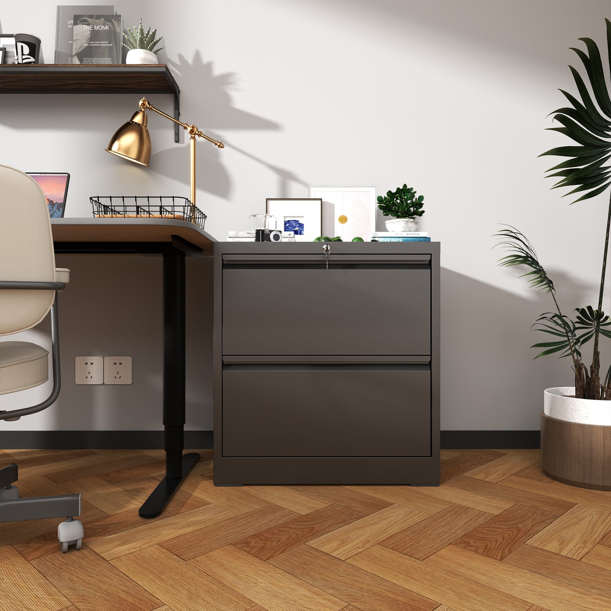 Anysun - 2-Drawer Premium Folding Key Lockable Metal Lateral File Cabinet - Black