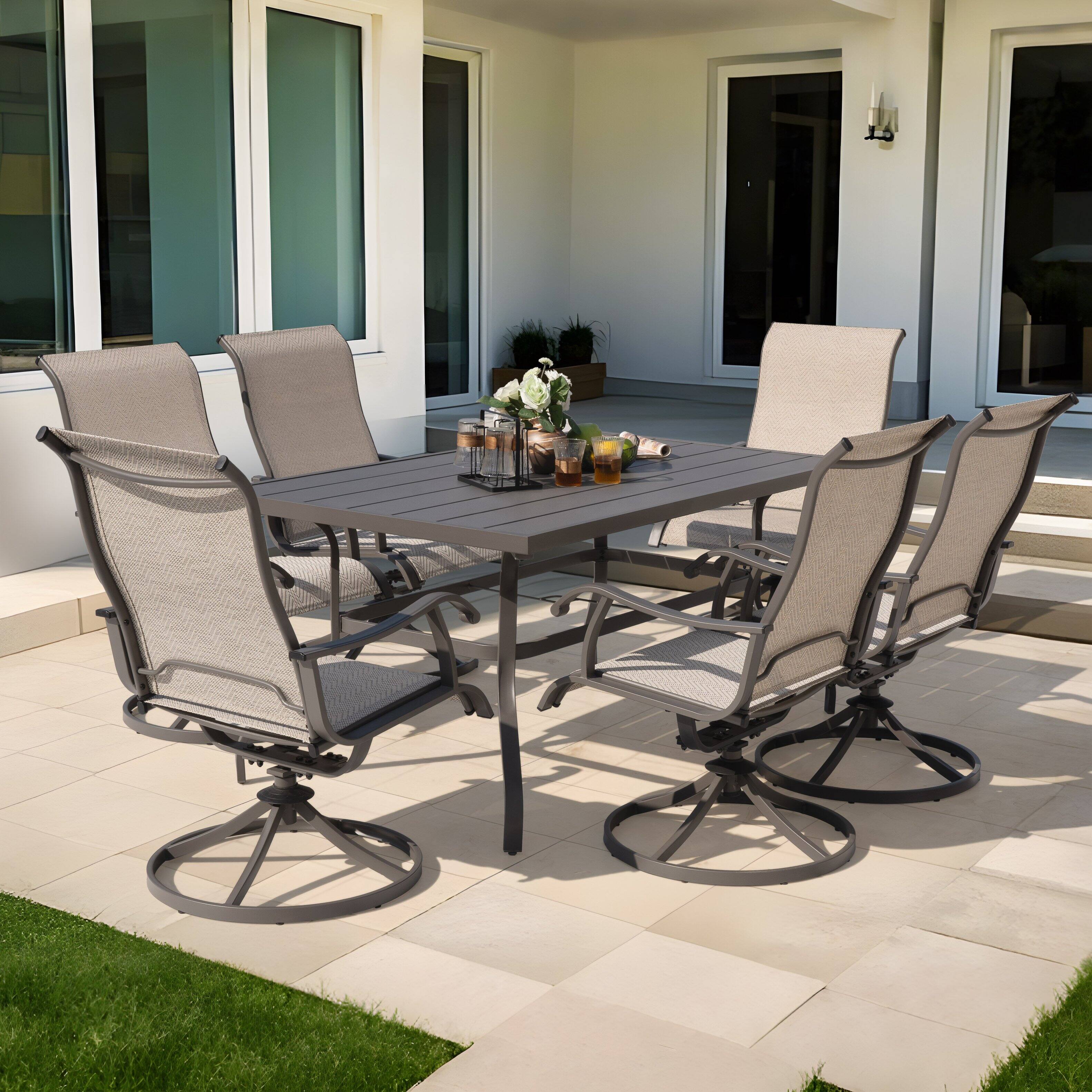Angle. Nuu Garden - Patio 7 Pieces Textilene Dining Set with Swivel Design, Umbrella Hole - Beige and Gray.