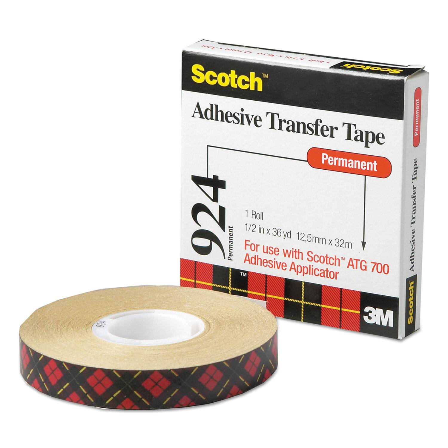 Scotch Adhesive Transfer Tape  
Permanent  

924  
1 Roll  
1/2 in x 36 yd (12.5mm x 32m)  

For use with Scotch ATG 700 Adhesive Applicator  

3M