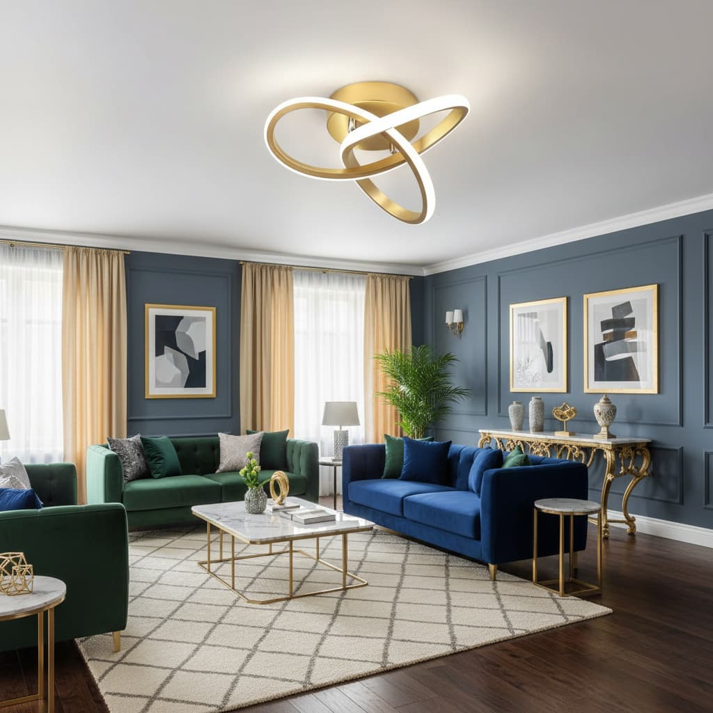 Alt View 2. FINEAK - 4.3" Gold Curved LED Ceiling Light - 6000K Modern Style.