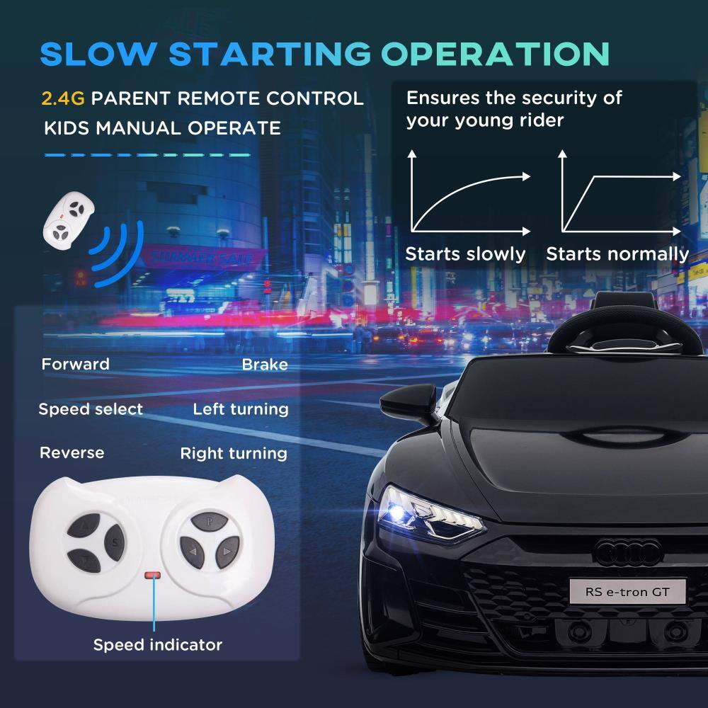 SLOW STARTING OPERATION

2.4G PARENT REMOTE CONTROL
KIDS MANUAL OPERATE

Ensures the security of your young rider

Starts slowly
Starts normally

Forward
Brake
Speed select
Left turning
Reverse
Right turning

Speed indicator

RS e-tron GT