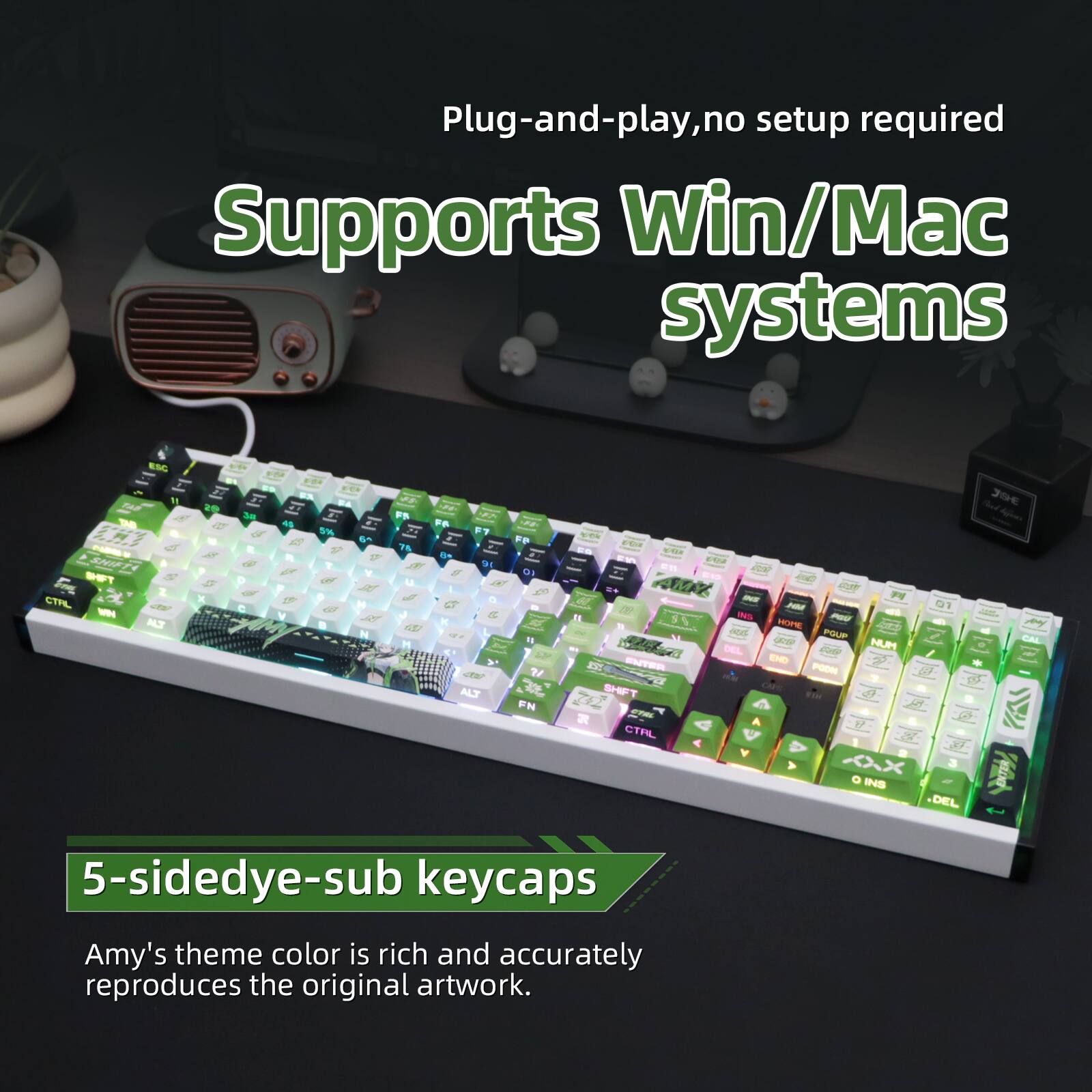 Plug-and-play, no setup required  
Supports Win/Mac systems  

5-sidedye-sub keycaps  
Amy's theme color is rich and accurately reproduces the original artwork.