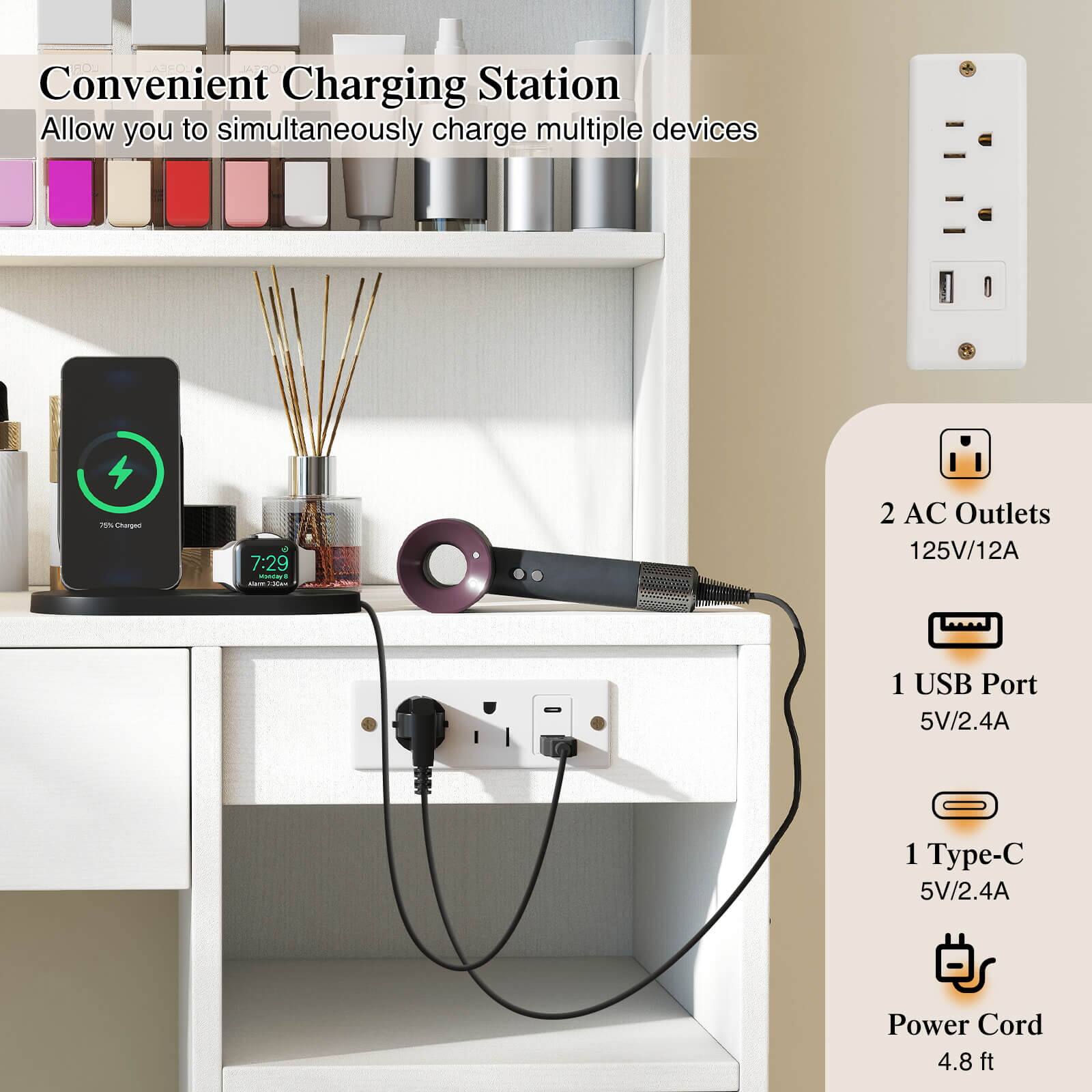 Convenient Charging Station  
Allow you to simultaneously charge multiple devices  

2 AC Outlets  
125V/12A  

1 USB Port  
5V/2.4A  

1 Type-C  
5V/2.4A  

Power Cord  
4.8 ft