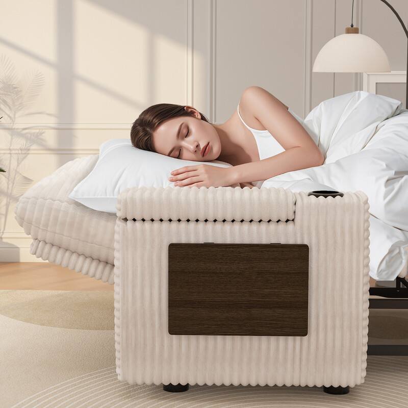 Back. Dyonery - 65" Corduroy 3-in-1 Convertible Sofa Bed with Reclining Backrest|USB Ports|Cup Holders|Side Table|Storage Armrests - Beige.