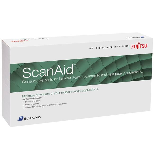 **ScanAid**  
Consumable parts kit for your Fujitsu scanner to maintain peak performance.

Minimize downtime of your mission critical applications.

The ScanAid kit includes:
- Consumable parts
- Cleaning supplies
- Consumable Replacement and Cleaning Instructions

**FUJITSU**  
THE POSSIBILITIES ARE INFINITE