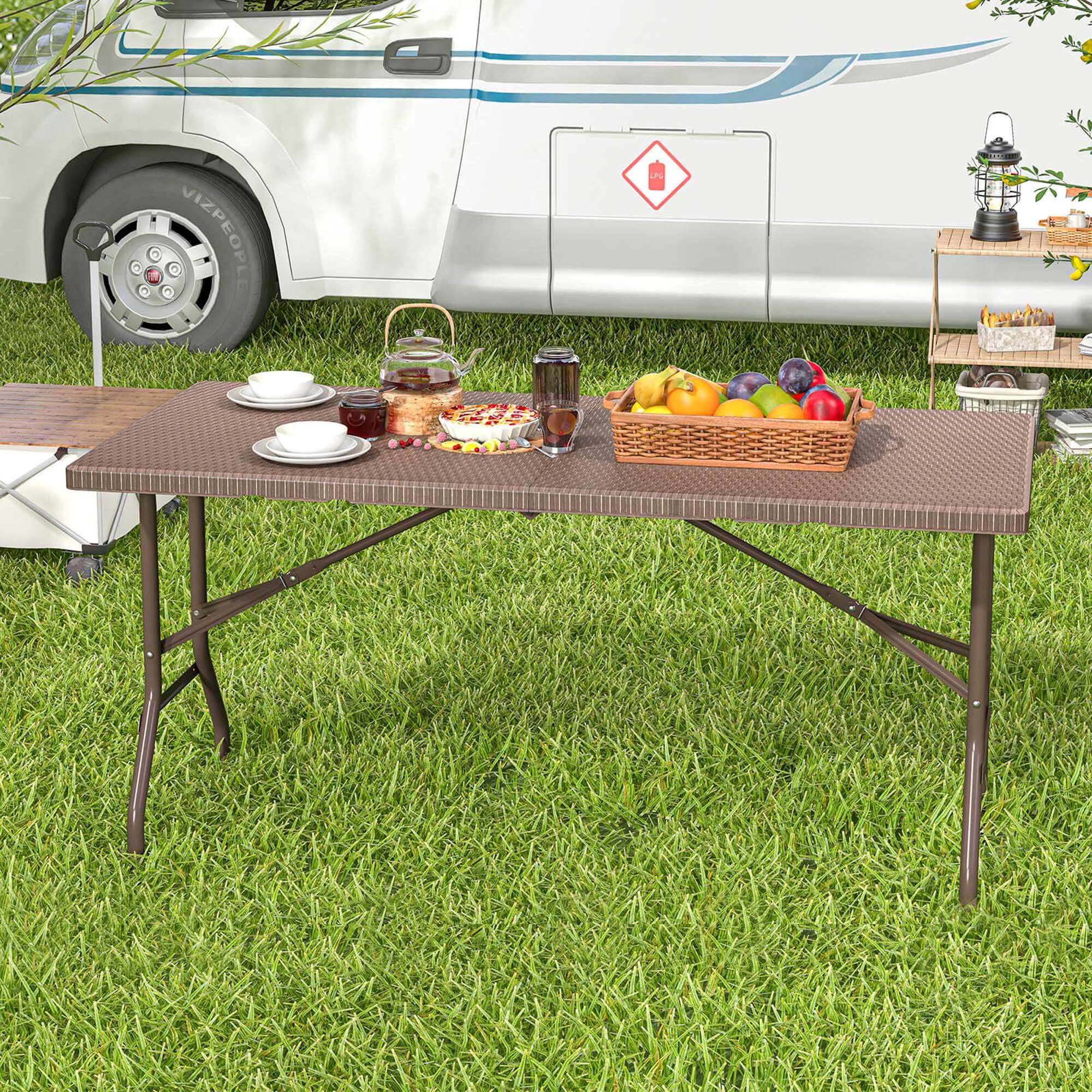 Alt View 1. Costway - Costway 5 ft Folding Picnic Table Outdoor Dining Table with Rattan Grain HDPE Tabletop - Brown.