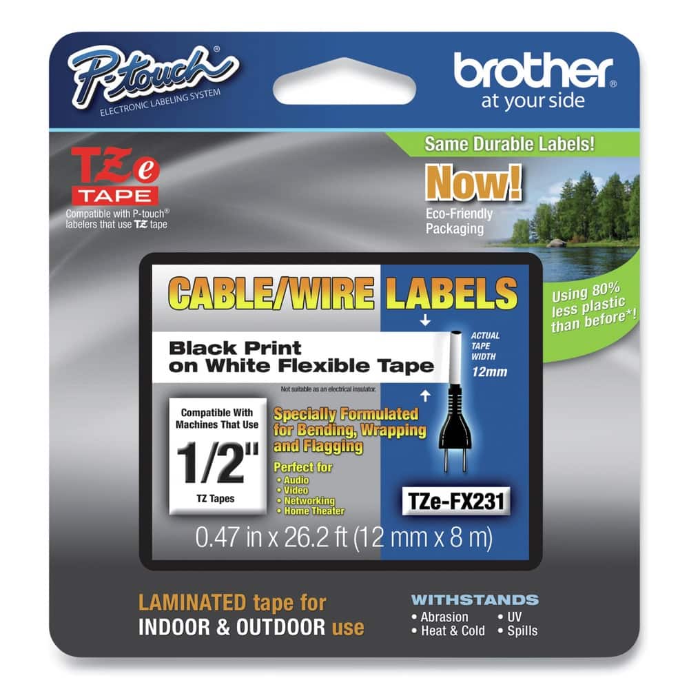 Brother - P-Touch TZEFX231 0.47 in. x 26.2 ft. Flexible ID Tape - Black on White