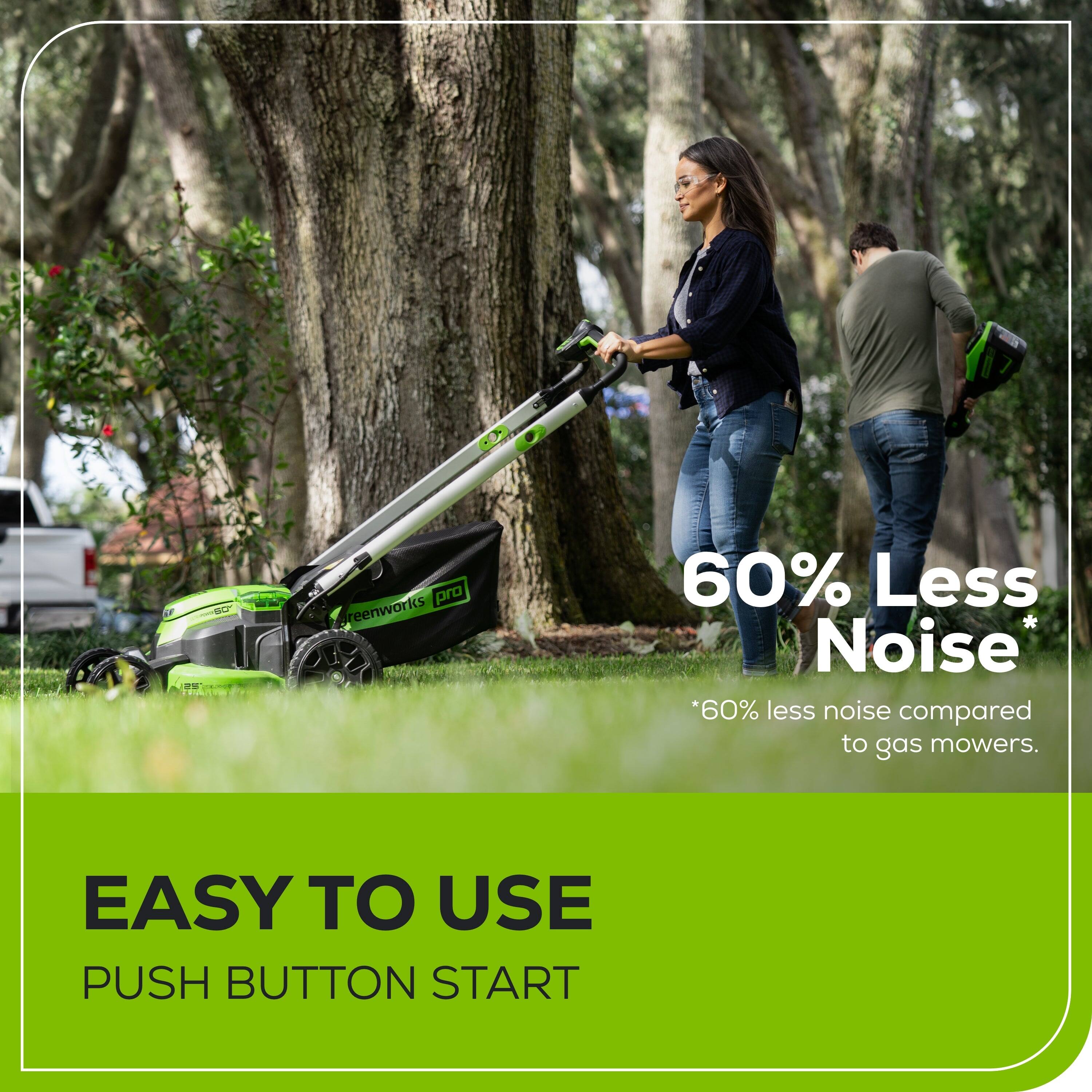 - %e pro reenworks 60% Less Noise *60% less noise compared to gas mowers. EASY TO USE PUSH BUTTON START