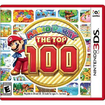 A C amiibo M MARIO THE PARTY TOP TM DS 3 100 NINTENDO EVERYONE E for ESRB Playable in 2D and 3D. 3D mode for ages 7+. See back. - E10+ (Everyone 10+)