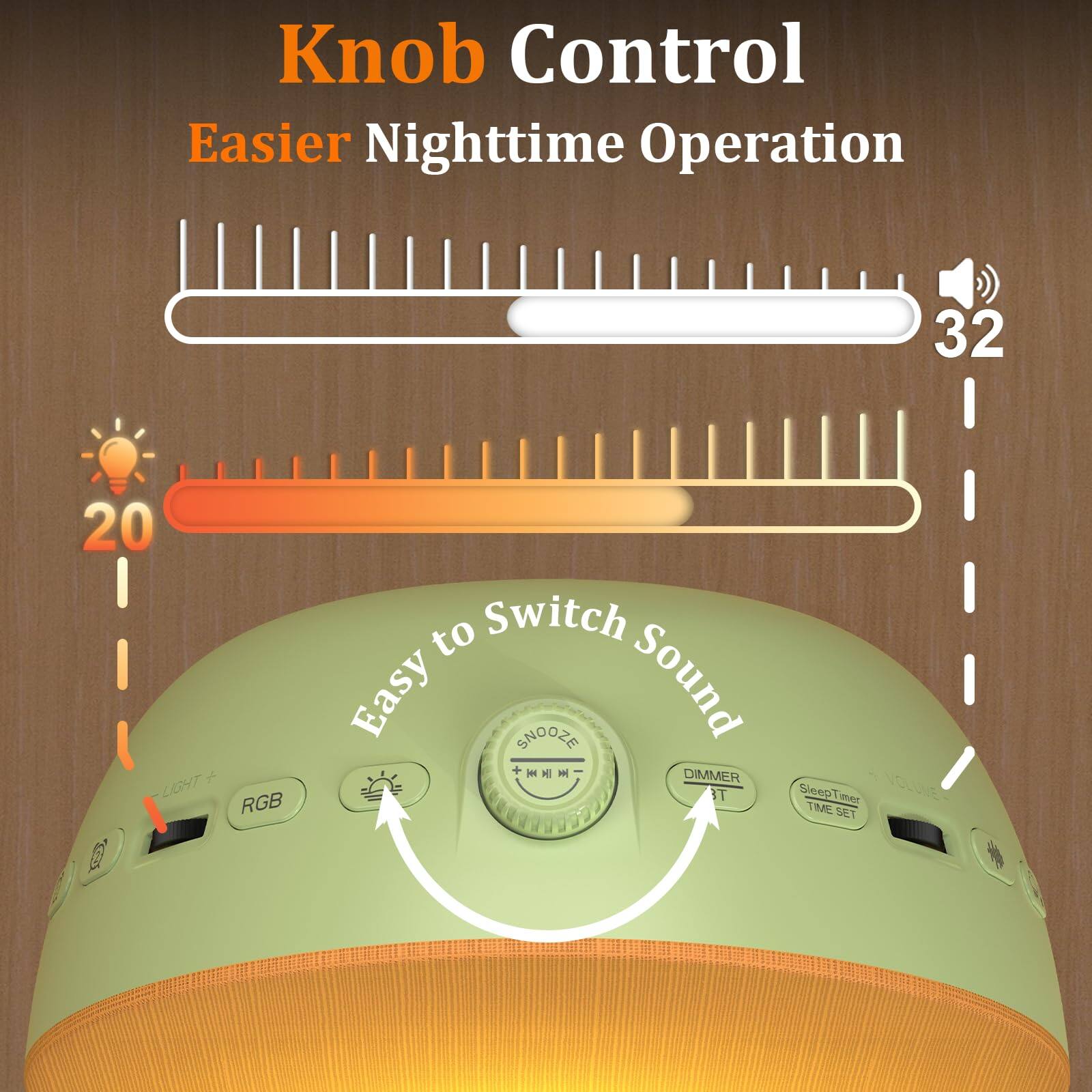 Knob Control  
Easier Nighttime Operation  

- LIGHT RGB  
- DIMMER  
- SNOOZE  
- Sleep Timer  
- VOLUME  
- TIME SET  

Easy to Switch Sound