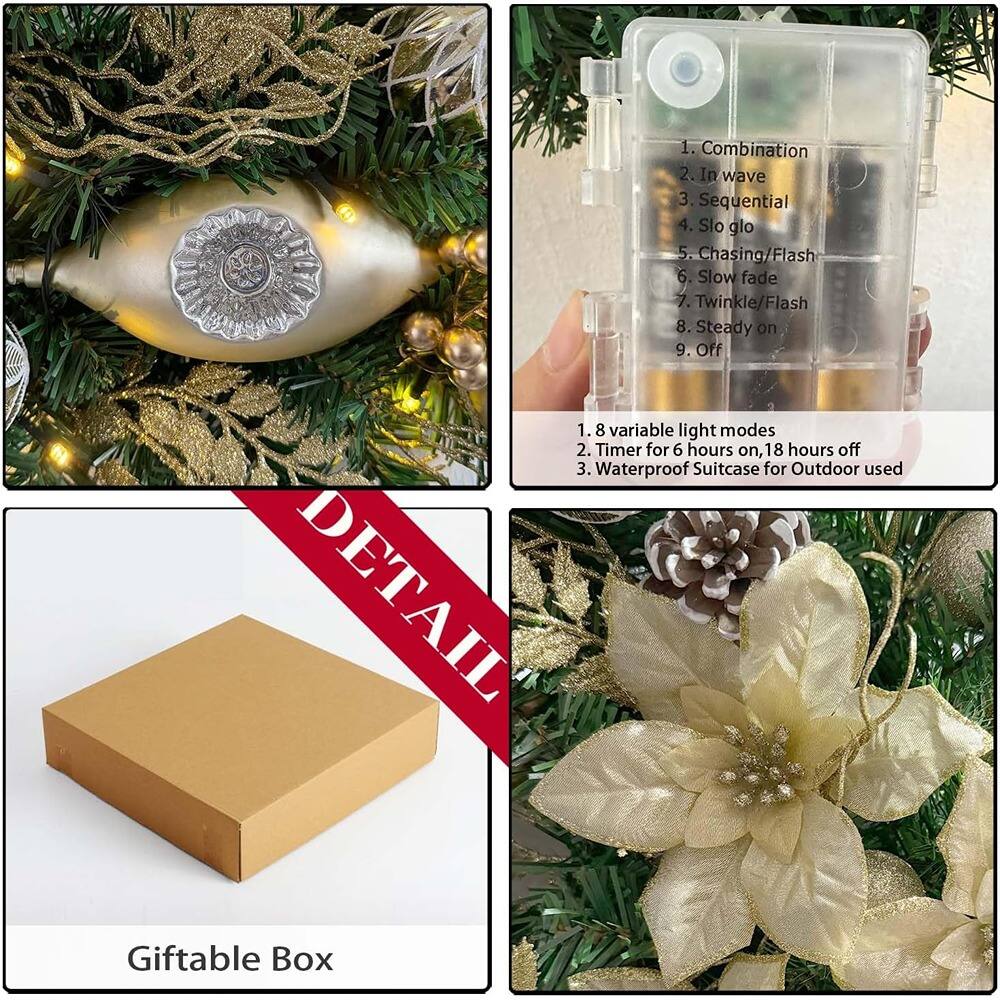 1. Combination  
2. In wave  
3. Sequential  
4. Slo glo  
5. Chasing/Flash  
6. Slow fade  
7. Twinkle/Flash  
8. Steady on  
9. Off  

1. 8 variable light modes  
2. Timer for 6 hours on, 18 hours off  
3. Waterproof Suitcase for Outdoor used  

Giftable Box  

DETAIL