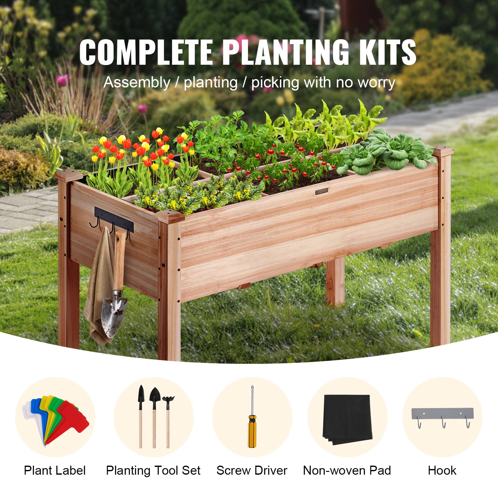COMPLETE PLANTING KITS  
Assembly / planting / picking with no worry  

Plant Label  
Planting Tool Set  
Screw Driver  
Non-woven Pad  
Hook
