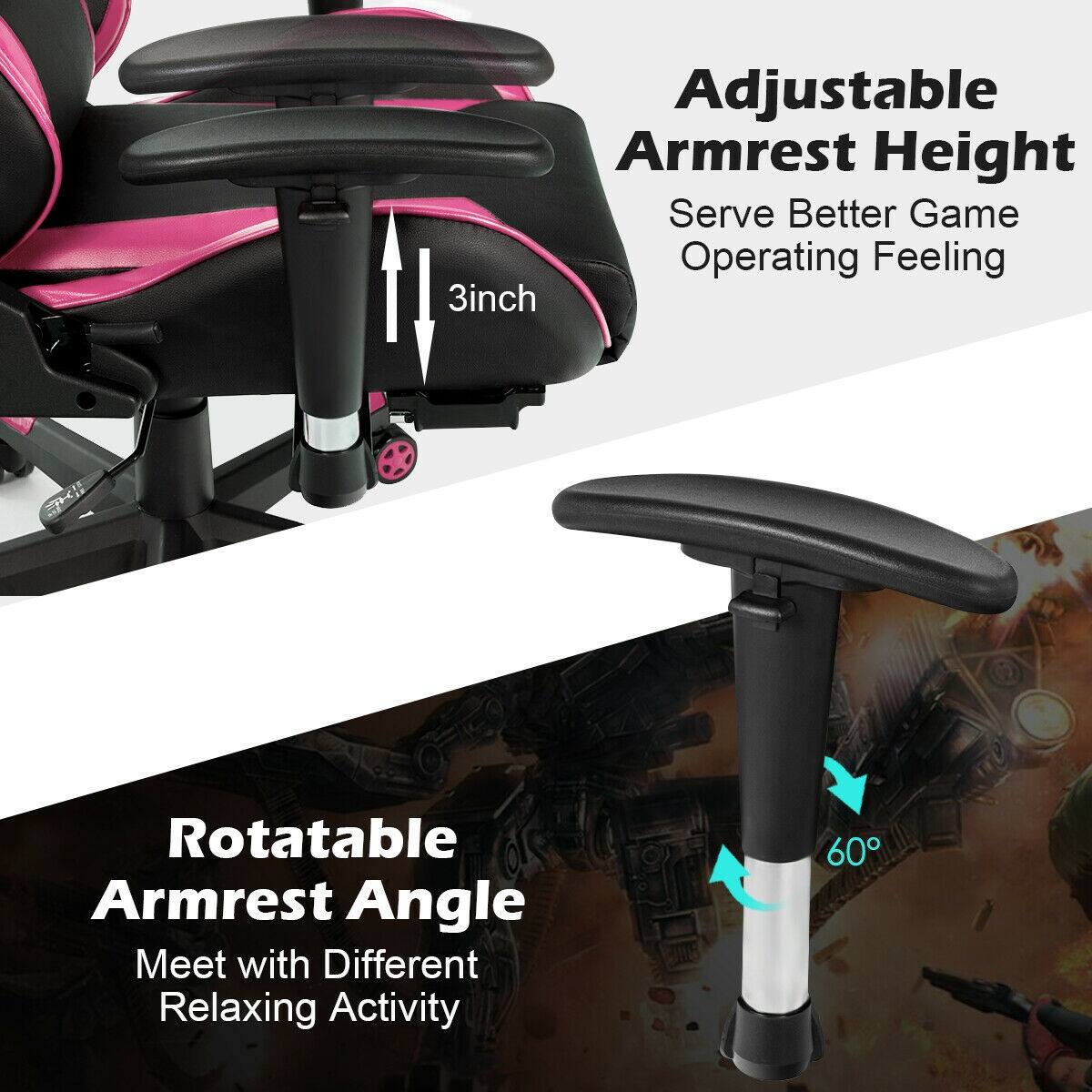 Adjustable Armrest Height  
Serve Better Game Operating Feeling  
3inch  

Rotatable Armrest Angle  
Meet with Different Relaxing Activity  
60°
