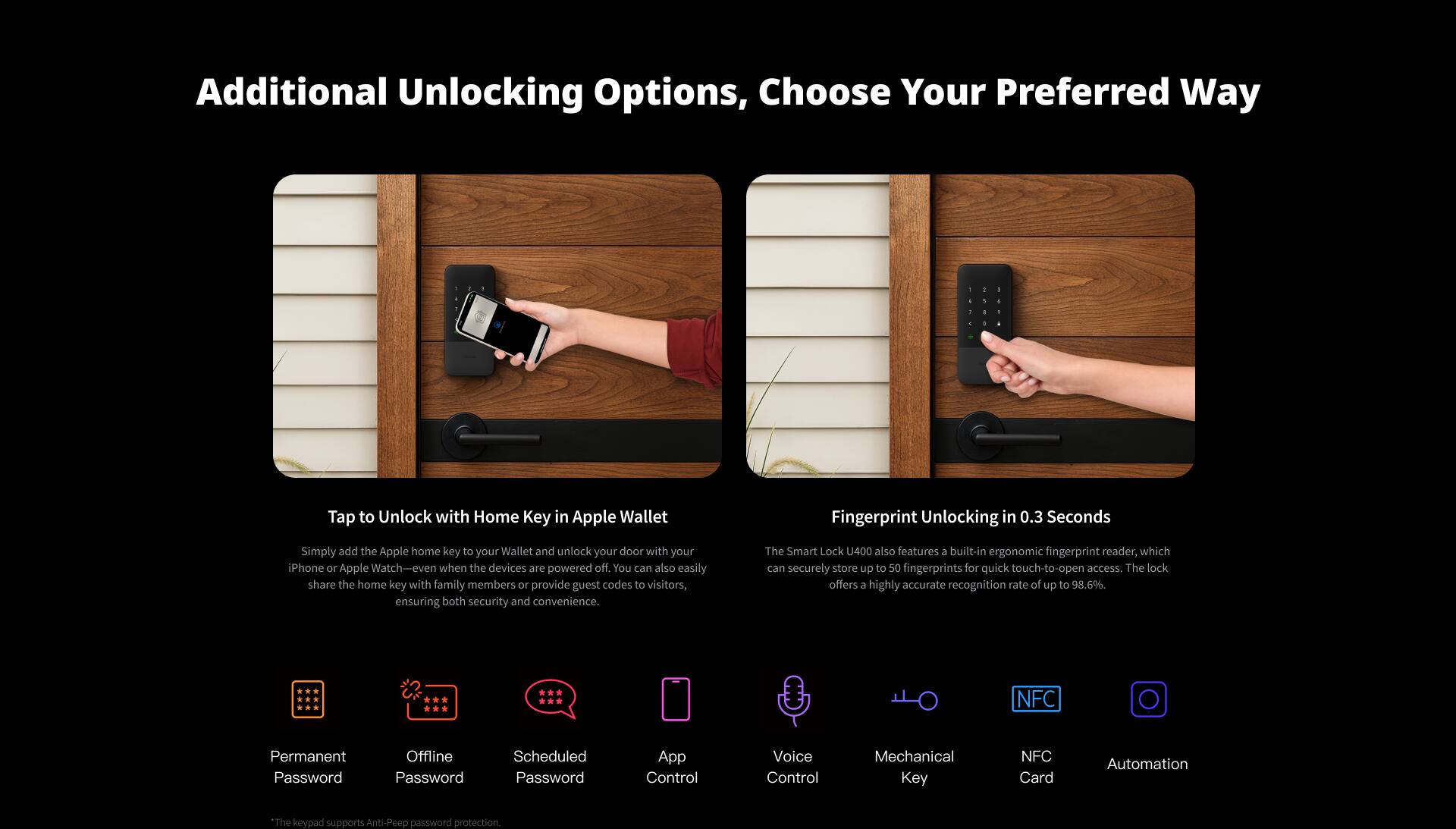 Additional Unlocking Options, Choose Your Preferred Way

Tap to Unlock with Home Key in Apple Wallet
Fingerprint Unlocking in 0.3 Seconds

Simply add the Apple home key to your Wallet and unlock your door with your iPhone or Apple Watch—even when the devices are powered off. You can also easily share the home key with family members or provide guest codes to visitors, ensuring both security and convenience.

The Smart Lock U400 also features a built-in ergonomic fingerprint reader, which can securely store up to 50 fingerprints for quick touch-to-open access. The lock offers a highly accurate recognition rate of up to 98.6%.

NFC
Permanent Password
Offline Password
Scheduled Password
App Control
Voice Control
Mechanical Key
NFC Card
Automation

"The keypad supports Anti-Peep password protection,