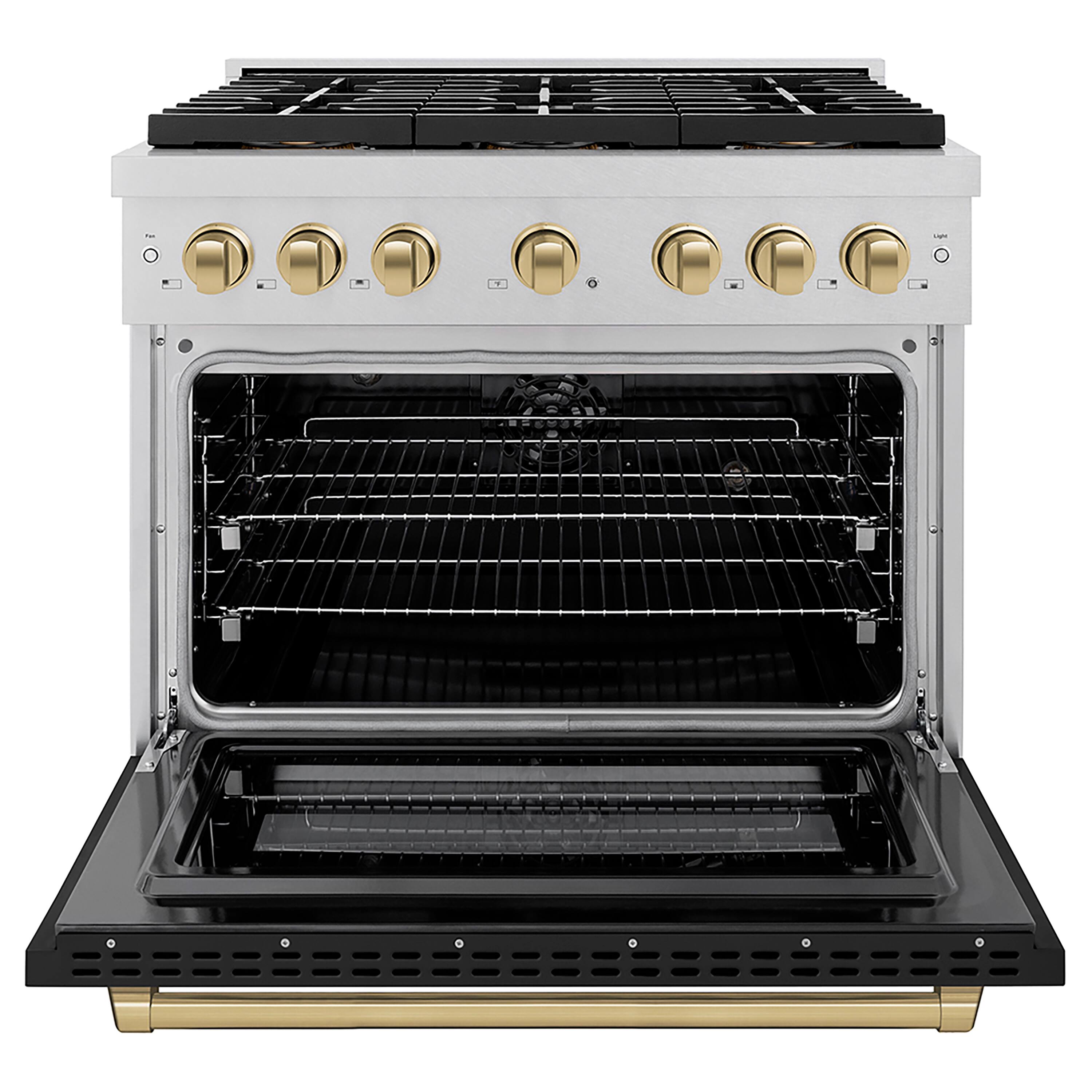 Angle. ZLINE - Autograph 36 in. 5.2 cu. ft. Freestanding Paramount Dual Fuel DuoPro Range in Satin Steel w/ Black & Bronze Accents - Black Matte.