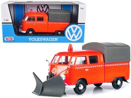 Volkswagen Type 2 (T1) Pickup Truck with Snow Plow and Camper Shell 1/24 Diecast Model Car by Motormax - Orange