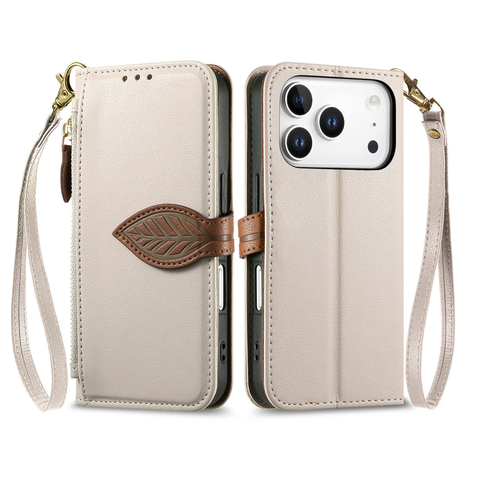 Angle. UUCOVER - Zipper Wallet Case for iPhone 17 Pro Max Magnetic Leather+TPU Card Slots Stand Cover with Shoulder Strap/Wrist Strap - White.