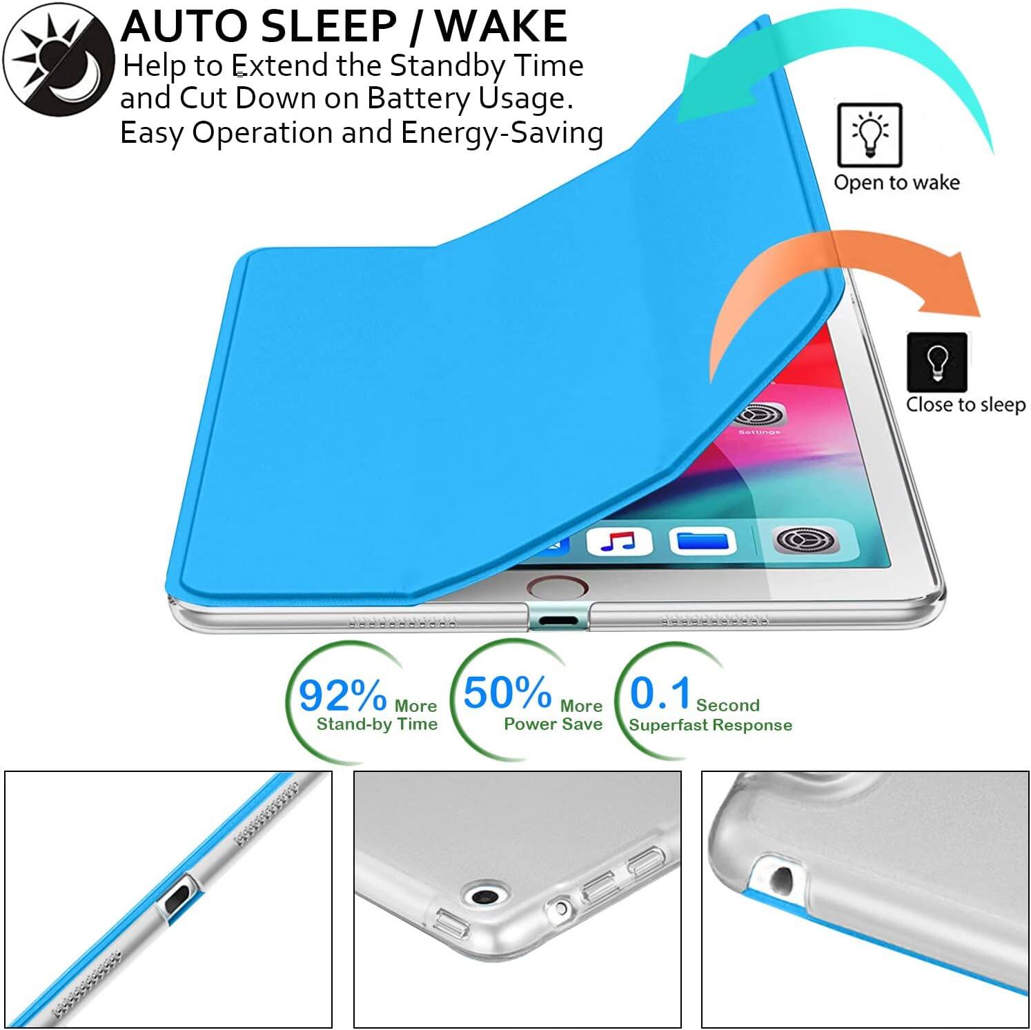 AUTO SLEEP / WAKE  
Help to Extend the Standby Time and Cut Down on Battery Usage.  
Easy Operation and Energy-Saving  

Open to wake  
Close to sleep  

92% More Stand-by Time  
50% More Power Save  
0.1 Second Superfast Response
