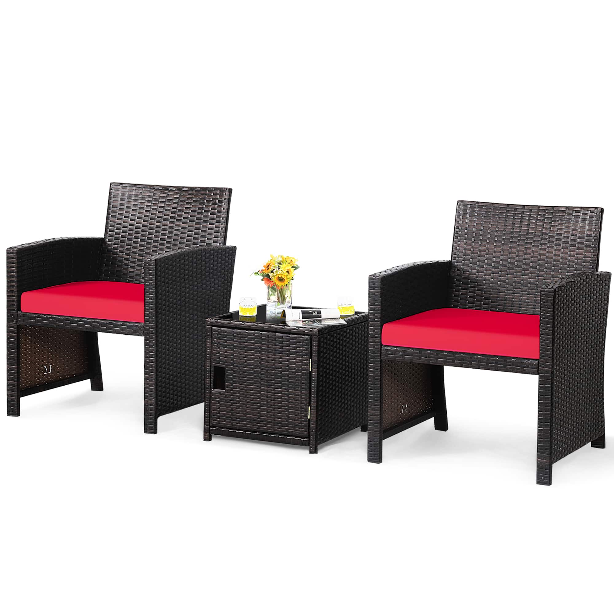 Front. Costway - 3PCS Patio Wicker Furniture Set Storage Table W/Protect Cover - Red,Mix Brown.
