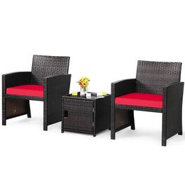 Costway - 3PCS Patio Wicker Furniture Set Storage Table W/Protect Cover - Red,Mix Brown