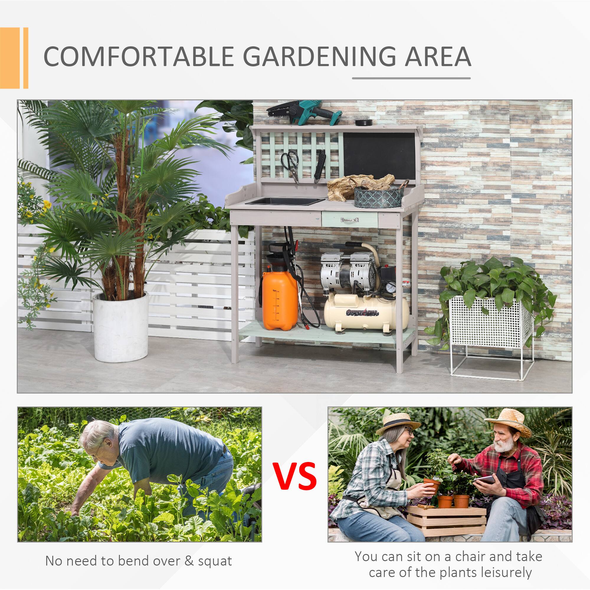 COMFORTABLE GARDENING AREA

No need to bend over & squat VS You can sit on a chair and take care of the plants leisurely