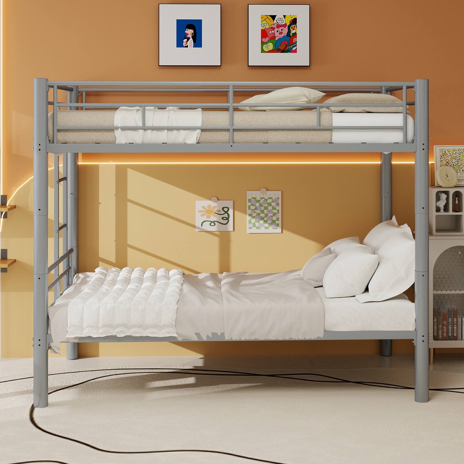 Angle. Loheer - Loheer Convertible Twin Bunk Bed Frame Heavy Duty Metal Silver Space Saving Detachable Beds 400 Lbs Capacity - Silver.