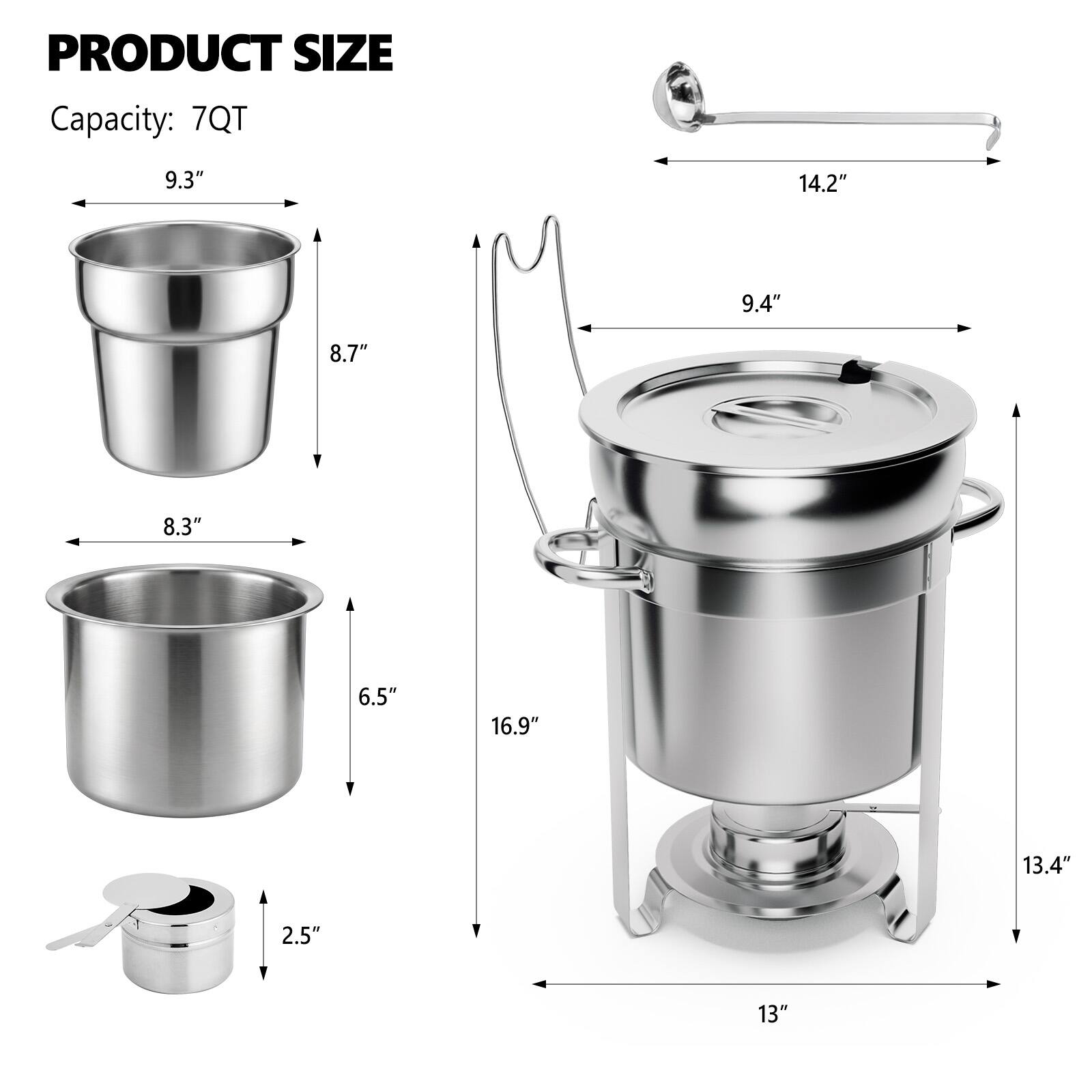 Winado 2 Pieces 7QT Round Soup Chafer Set with Spoon Notch, Lid Holder ...