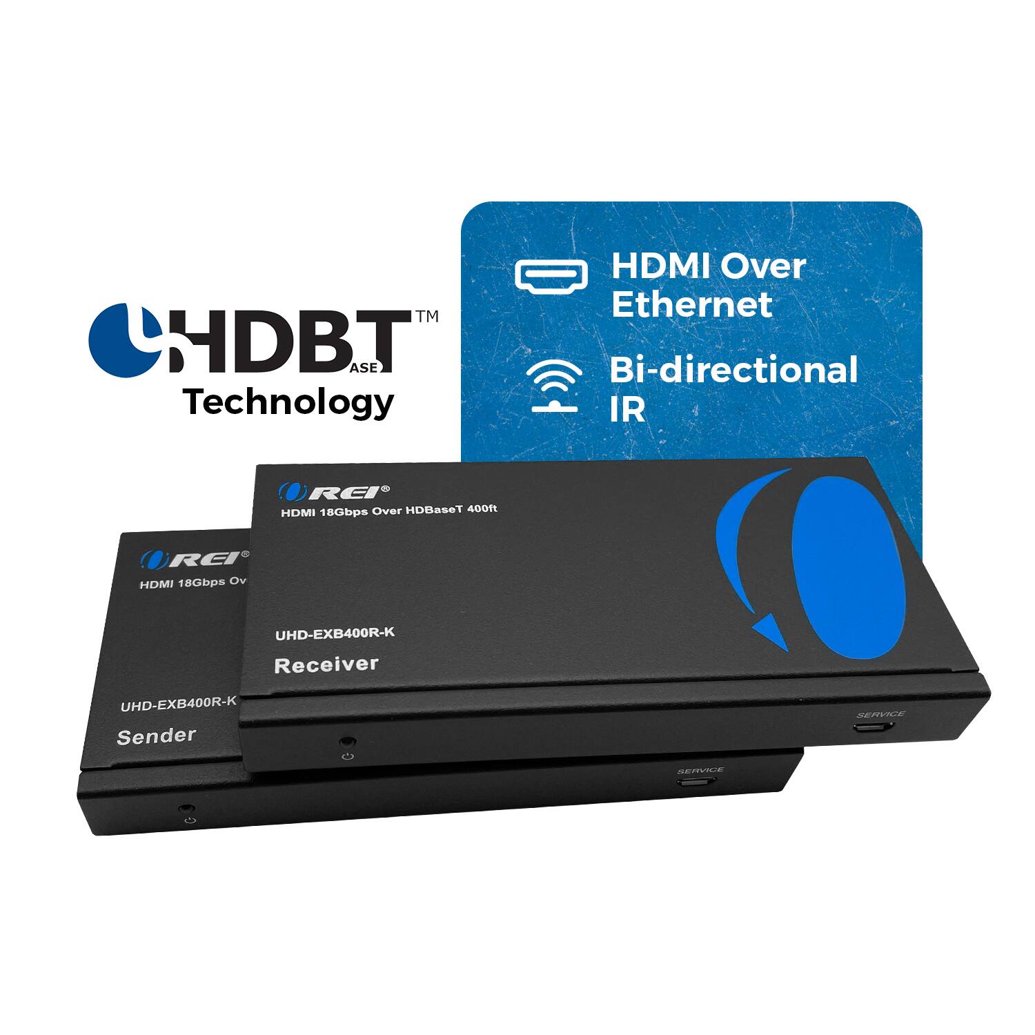 The text on the image can be grouped and corrected as follows:

**HDBaseT Technology**
- HDMI Over Ethernet
- Bi-directional IR
- HDMI 180Mbps Over HDBaseT 400ft
- REI HDMI 180Mbps

**Product Models:**
- UHD-EXB400R-K Receiver
- UHD-EXB400R-K Sender

**Additional Information:**
- ACE SERVICE

This text describes the features and models of the HDBaseT technology product, which includes HDMI over Ethernet with bi-directional IR and supports HDMI 180Mbps over HDBaseT up to 400 feet. The product includes a receiver and a sender, both labeled as UHD-EXB400R-K.