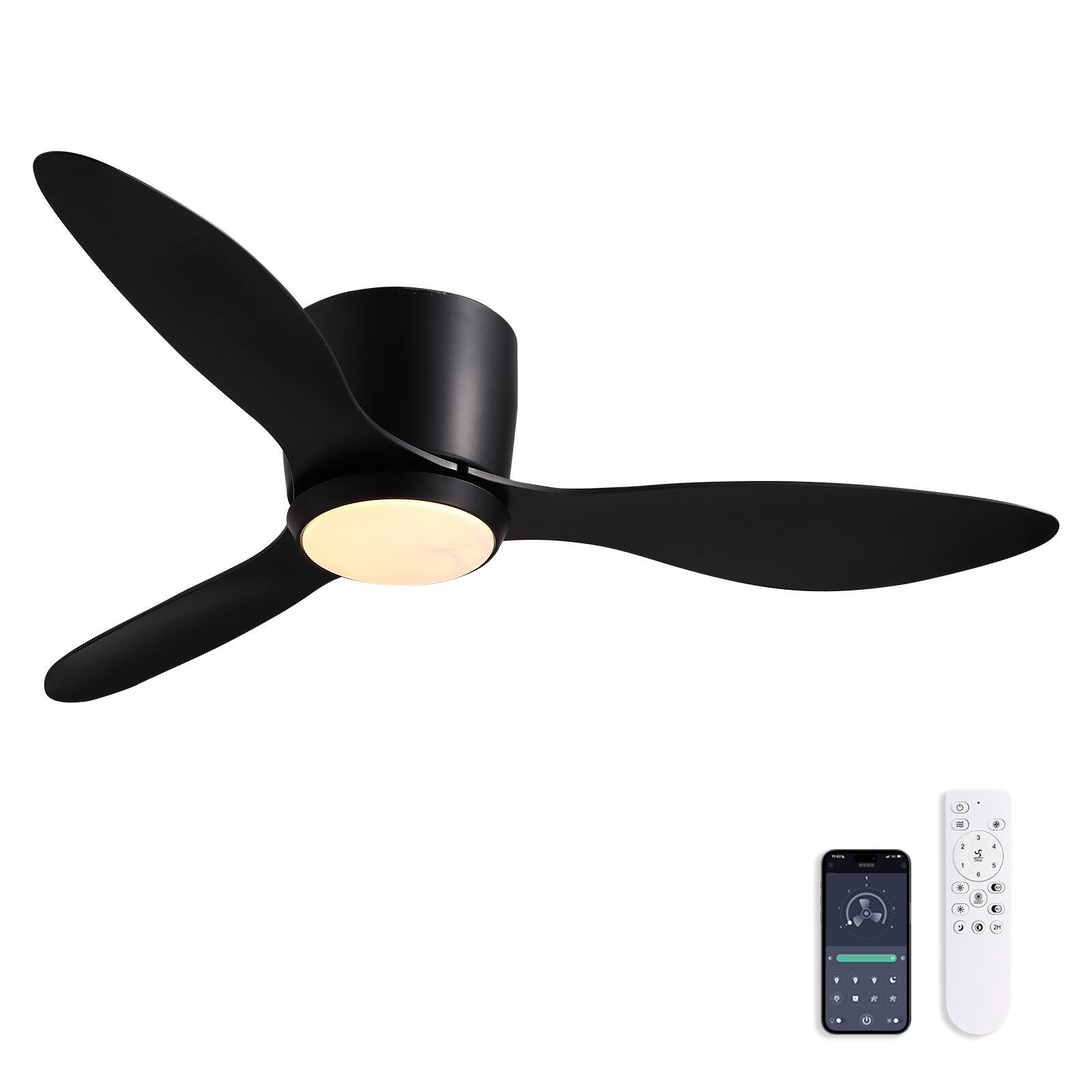 Left. Siljoy - 42-in Modern Black Flush Mount Ceiling Fan with LED Light and Remote For Bedroom Living Room and Covered Patio.