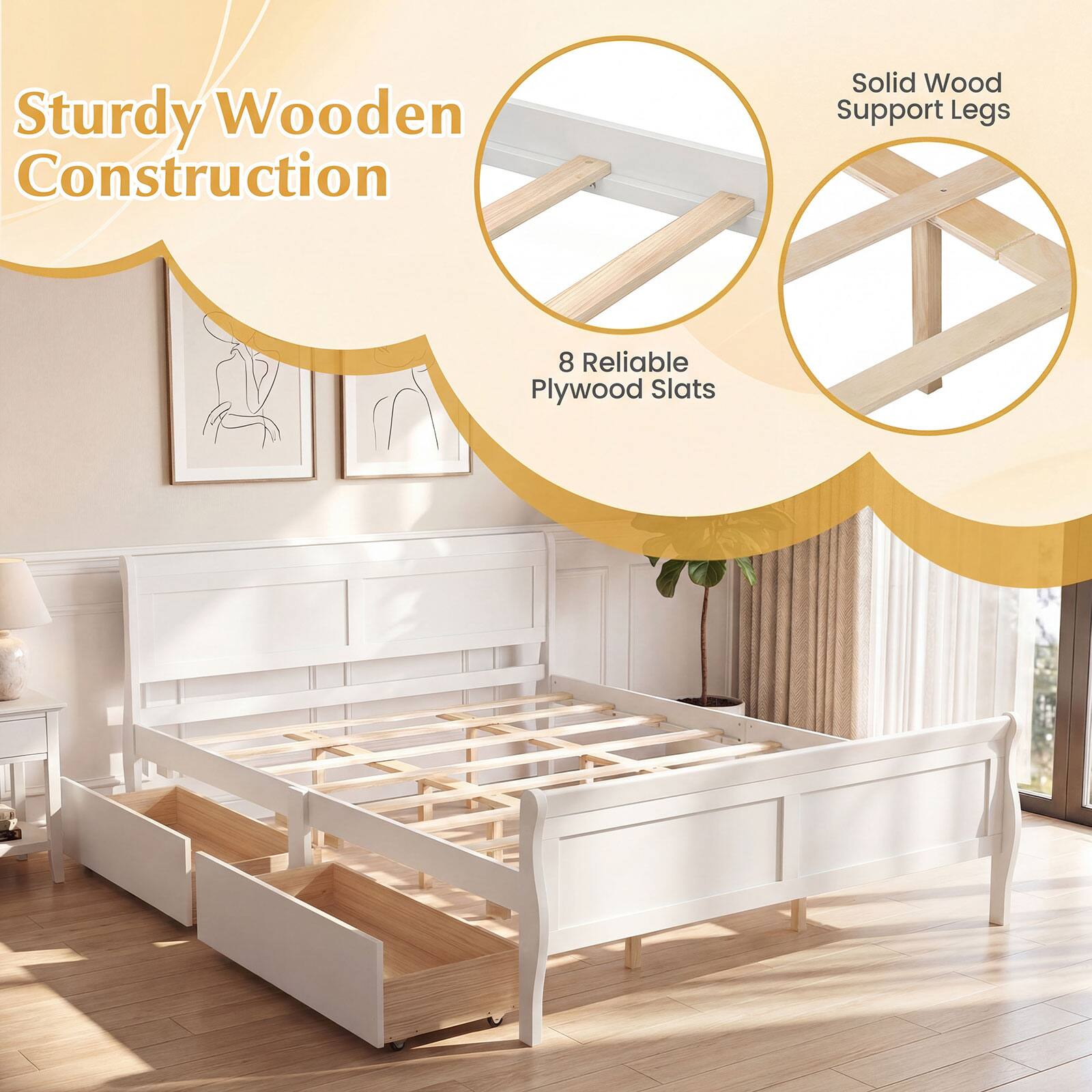 Sturdy Wooden Construction  
Solid Wood Support Legs  
8 Reliable Plywood Slats