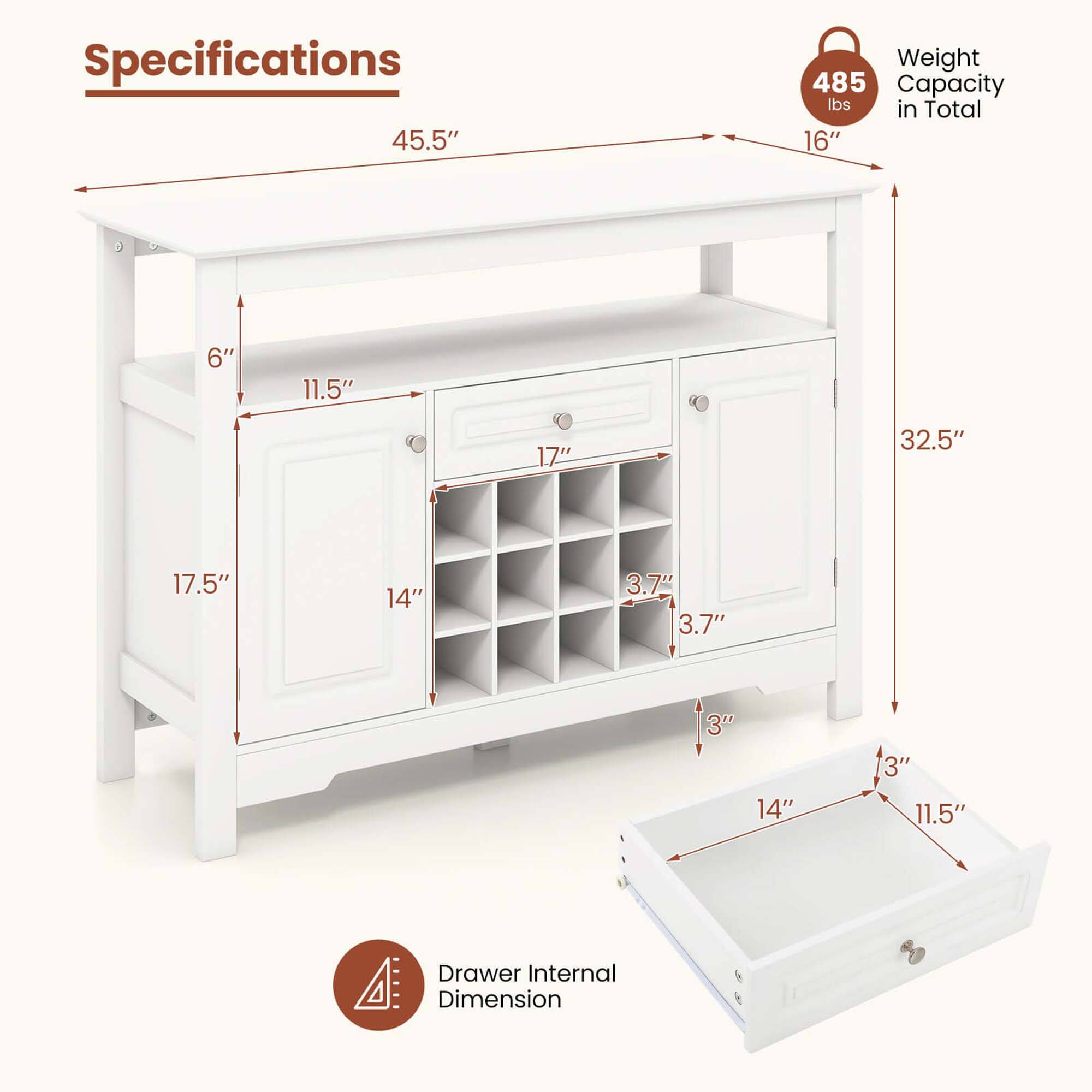 Specifications

- Weight Capacity: 485 lbs in Total
- Dimensions:
  - Height: 32.5"
  - Width: 45.5"
  - Depth: 16"
  - Drawer Internal Dimension: 14" x 11.5" x 3"
  - Cabinet Dimensions:
    - Height: 17.5"
    - Width: 14"
    - Depth: 11.5"
    - Shelf Dimensions: 3.7" x 3.7" x 3"