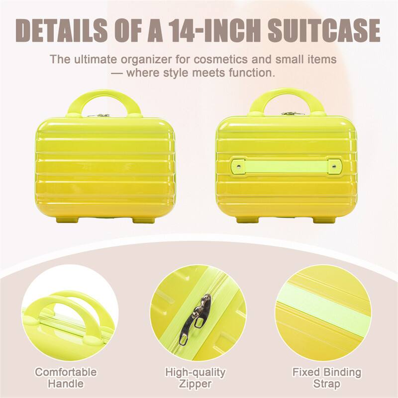 DETAILS OF A 14-INCH SUITCASE

The ultimate organizer for cosmetics and small items — where style meets function.

- Comfortable Handle
- High-quality Zipper
- Fixed Binding Strap